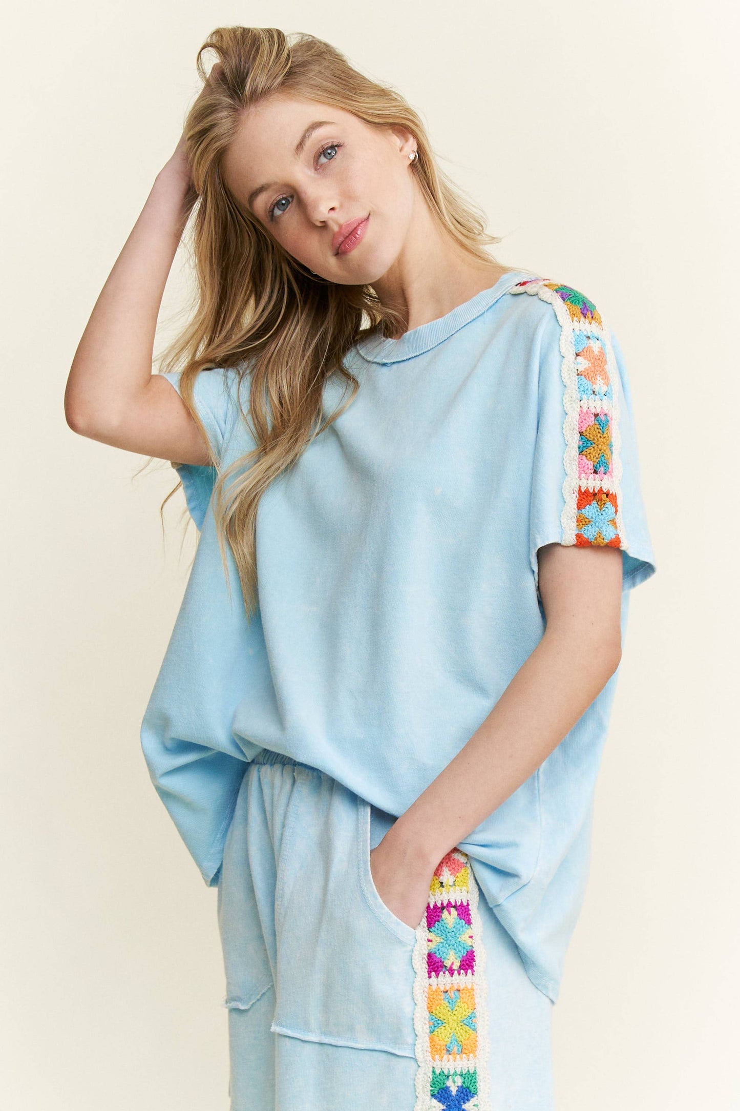 Mineral Washed Crochet Side Trim Top