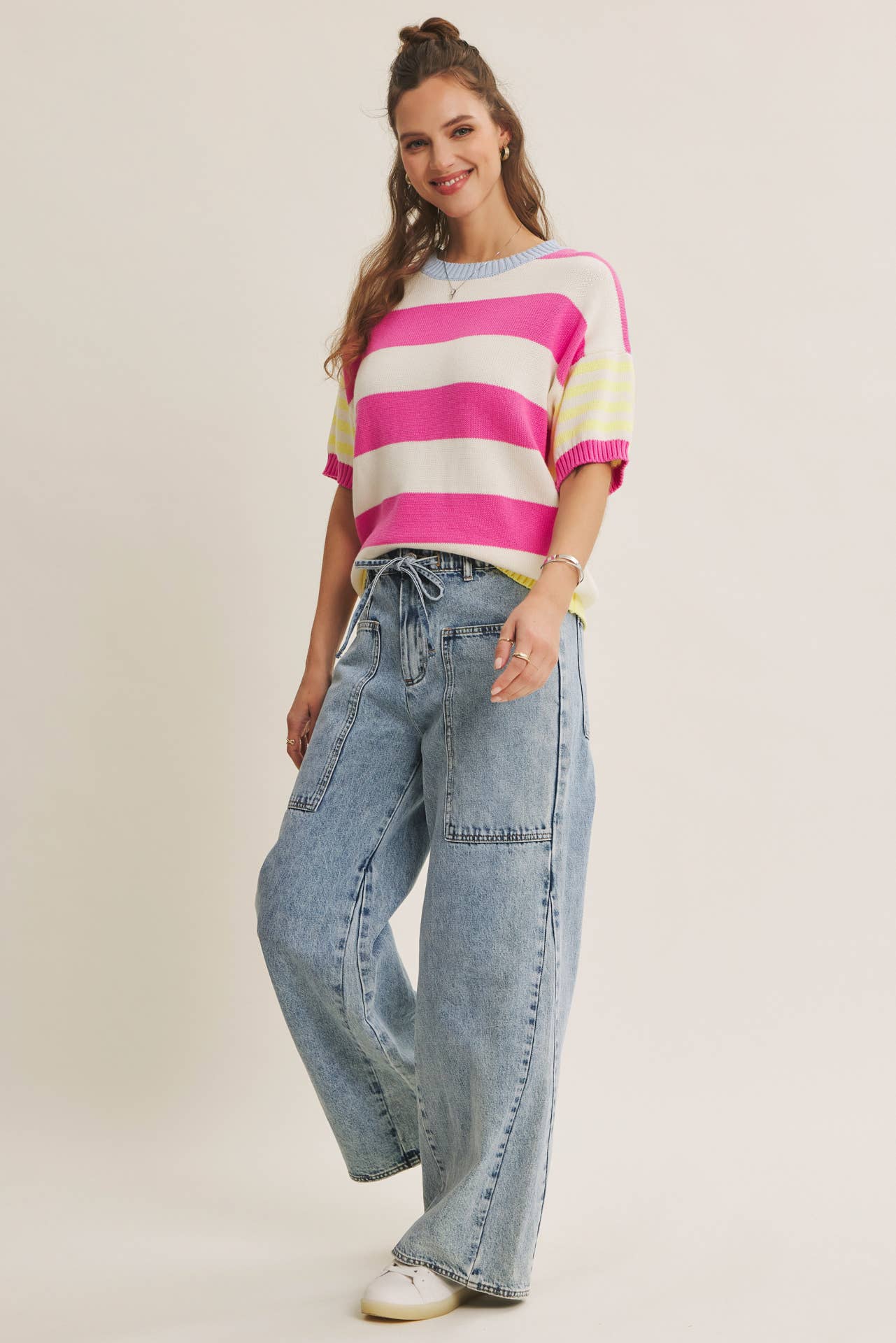 FEEL-GOOD PLAYFUL SUMMER MULTI STRIPE COTTON SWEATER TOP