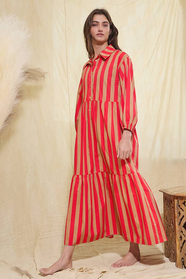 Striped Print Tiered Midi Shirt Dress