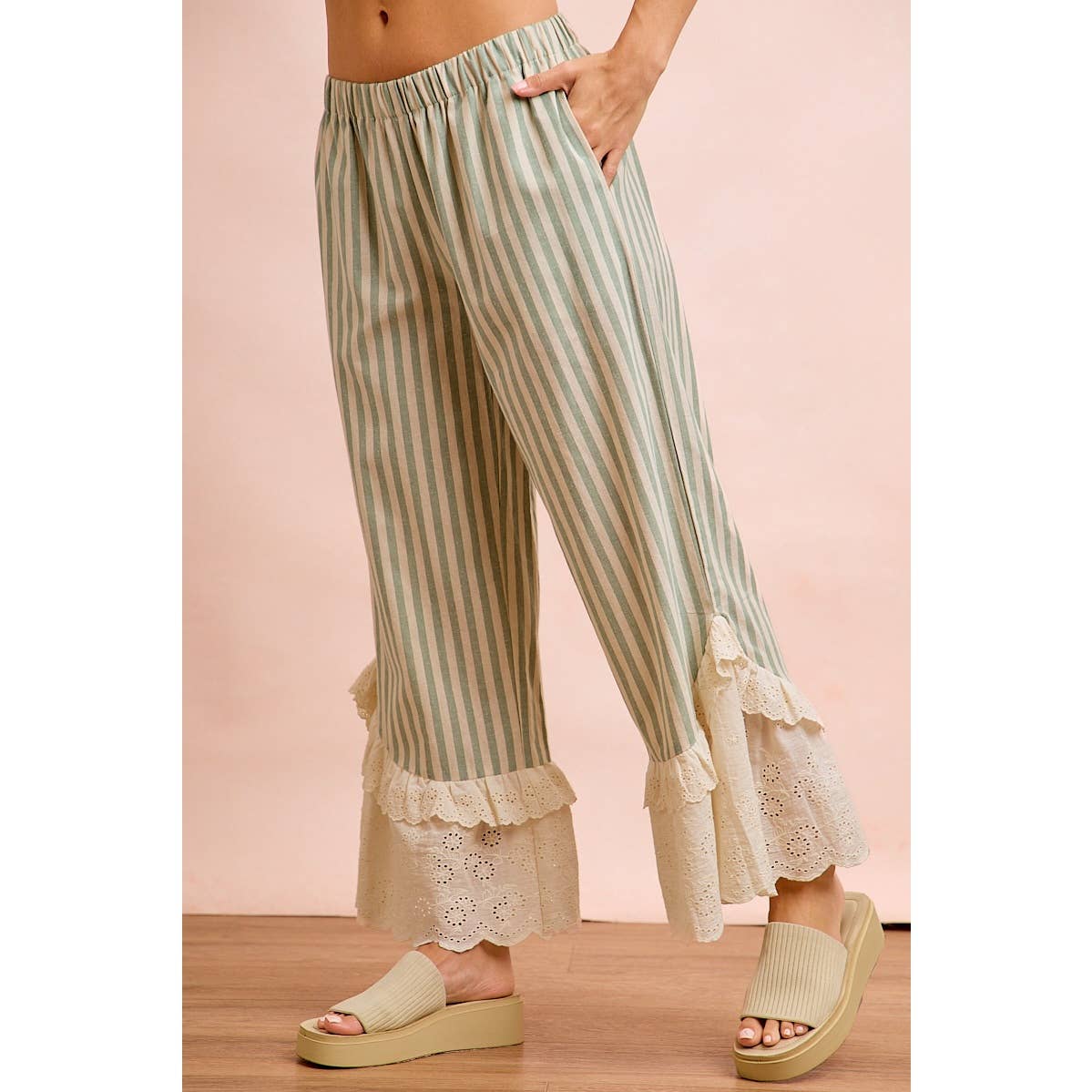 STRIPE WOVEN RUFFLED LACE HEM PANTS WITH SIDE POCKET