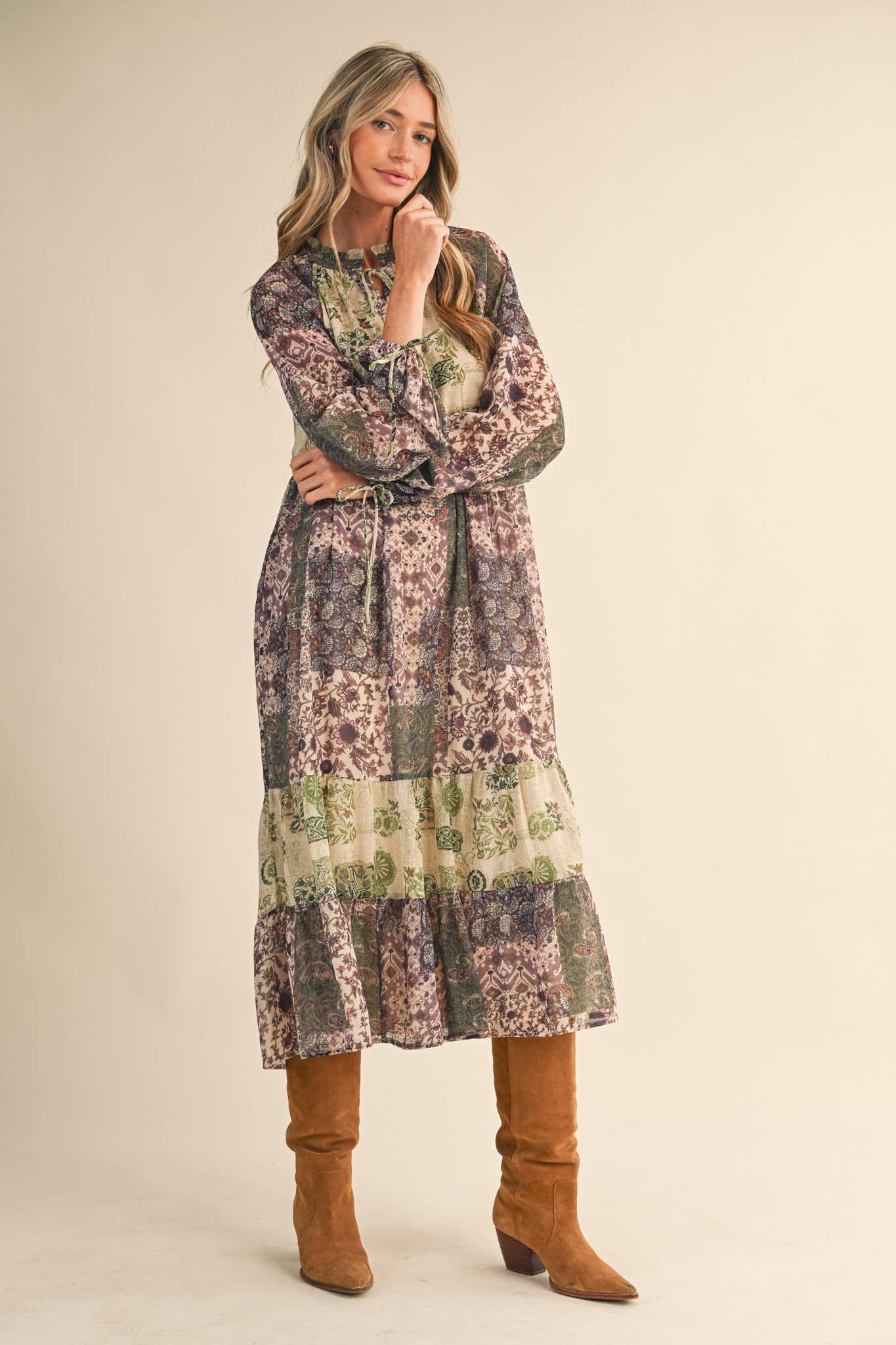 PATCHWORK PRINT MIDI DRESS