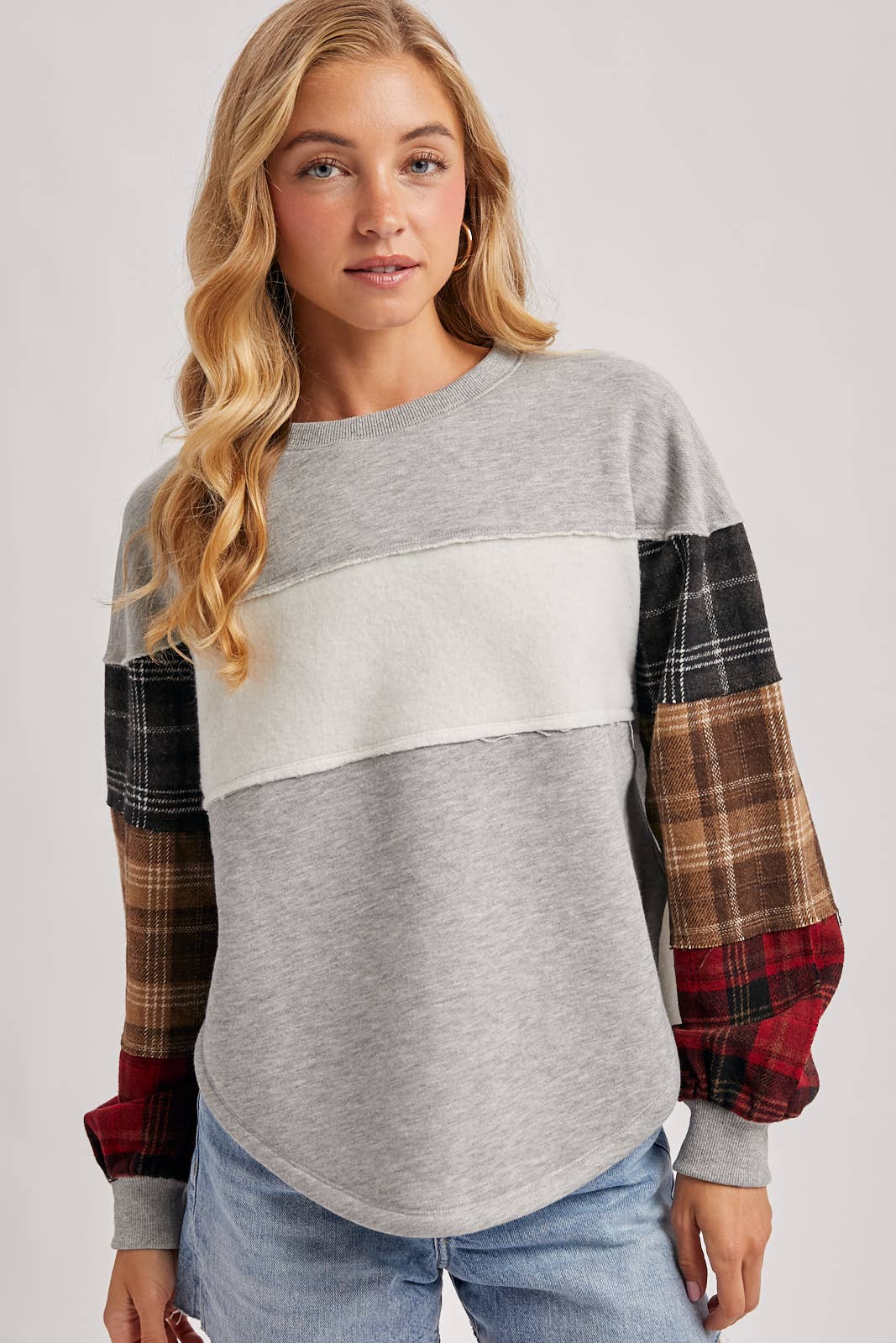 COLOR BLOCK PLAID FLANNEL PATCHED SWEATER