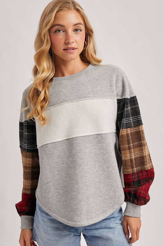COLOR BLOCK PLAID FLANNEL PATCHED SWEATER