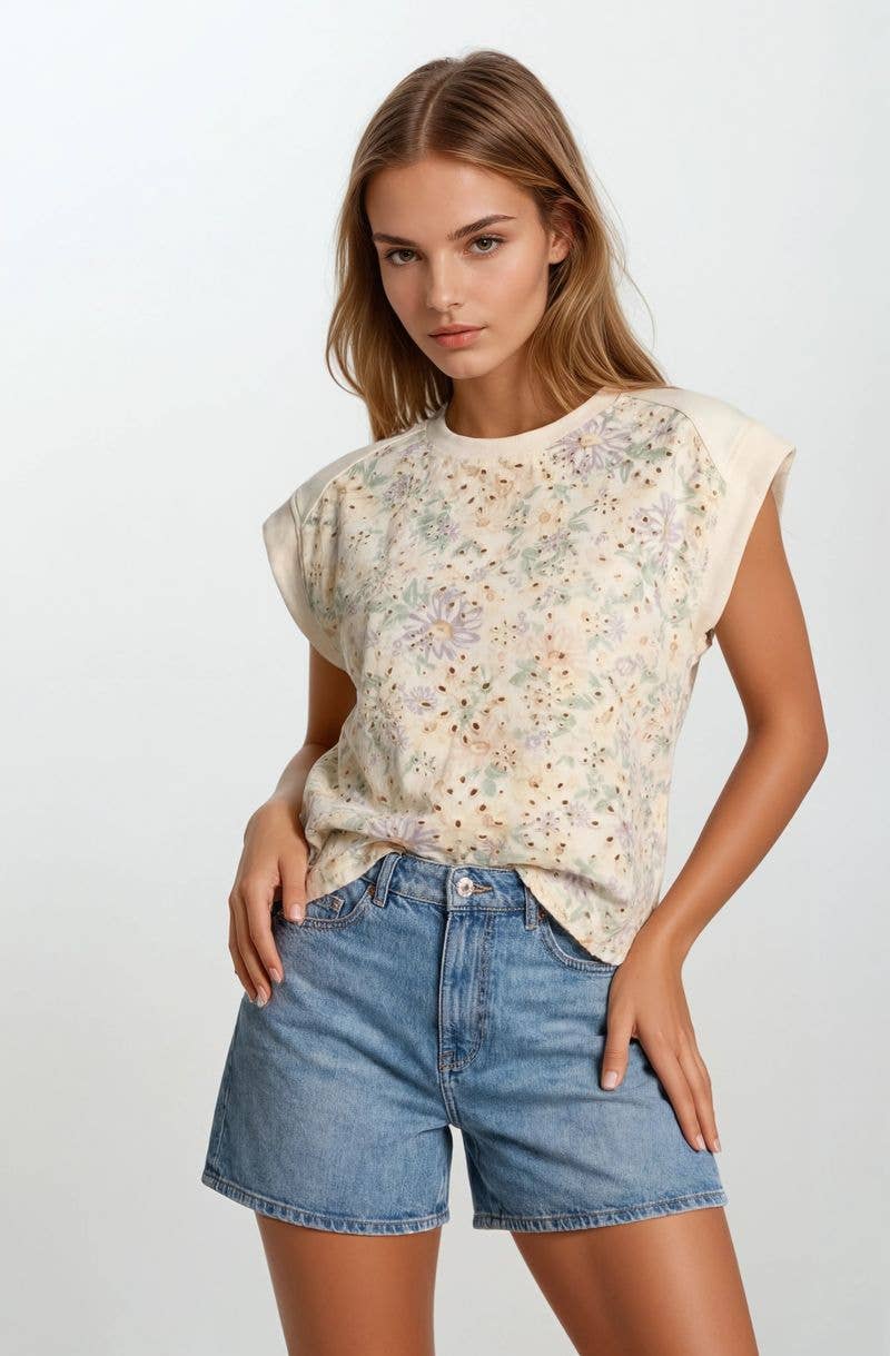 FLORAL TERRY MIX MUSCLE TOP
