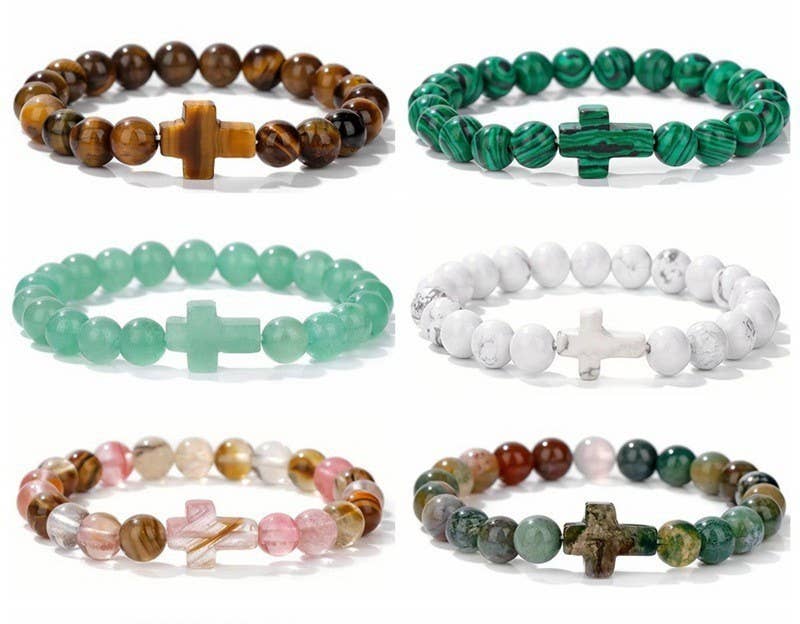 Boho Natural Stone Cross Charm Beaded Bracelet