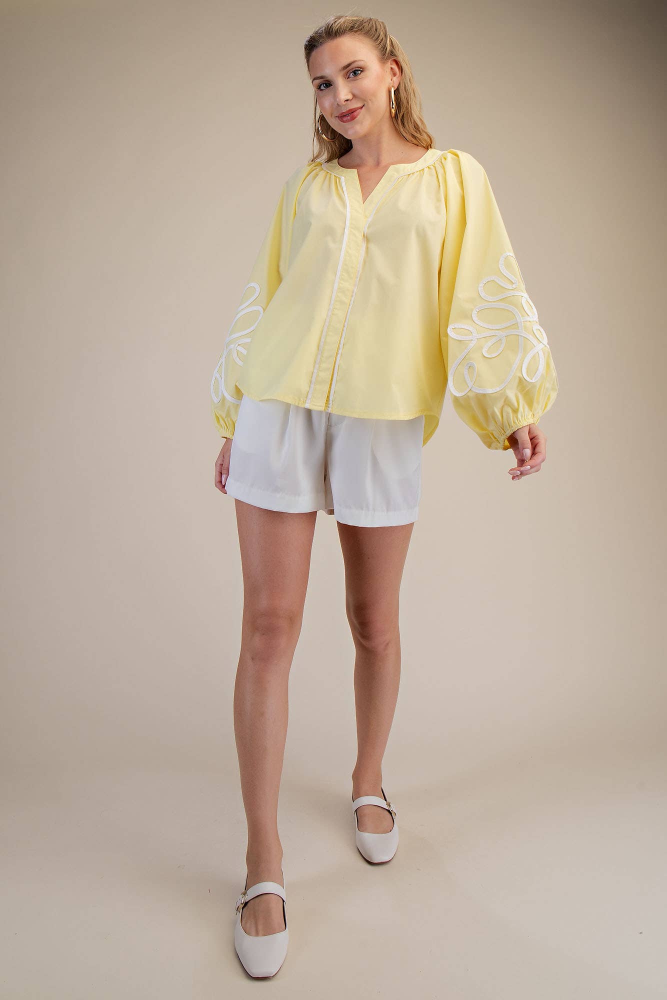 Soutache Contrast Detail Puff Sleeve Blouse