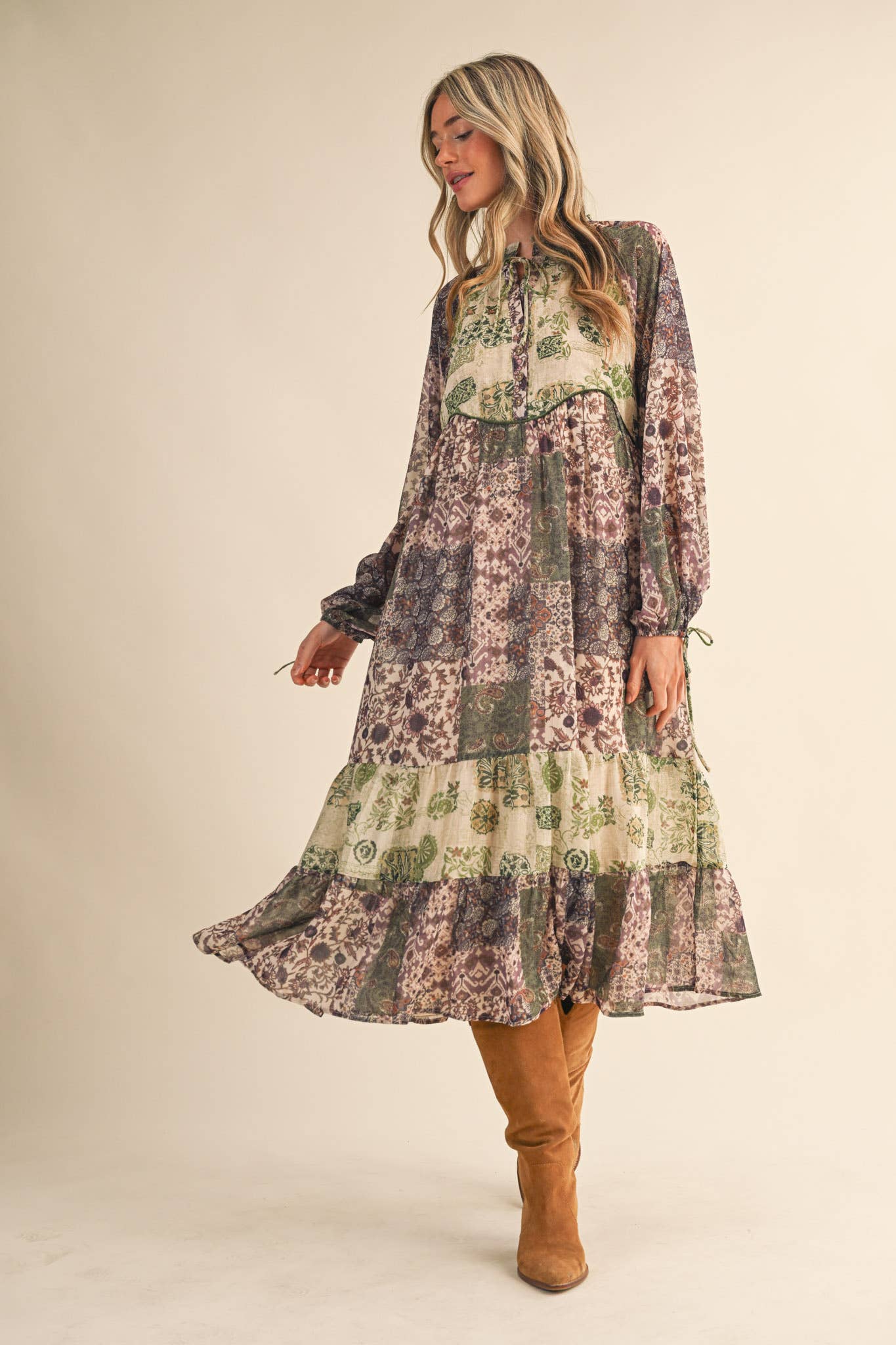 PATCHWORK PRINT MIDI DRESS
