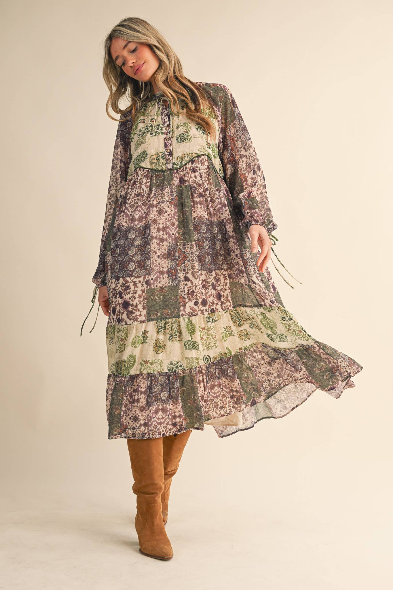 PATCHWORK PRINT MIDI DRESS