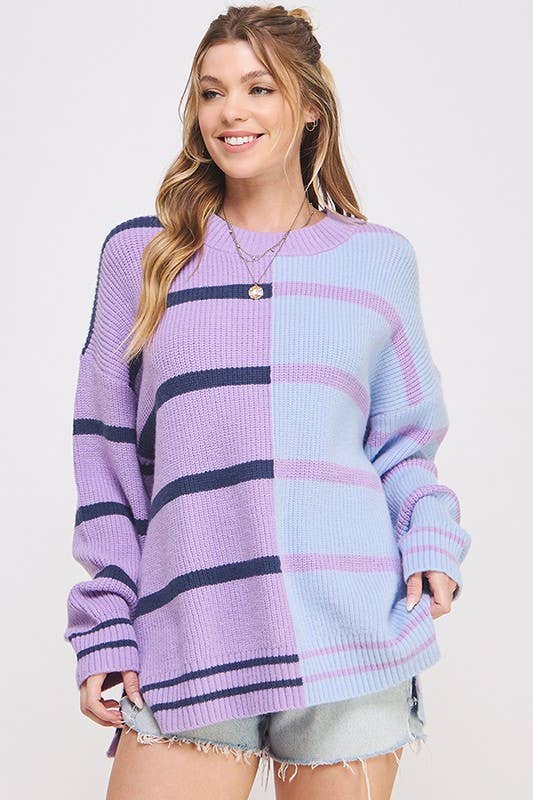 ROUND NECK STRIPED COLOR BLOCK SWEATER