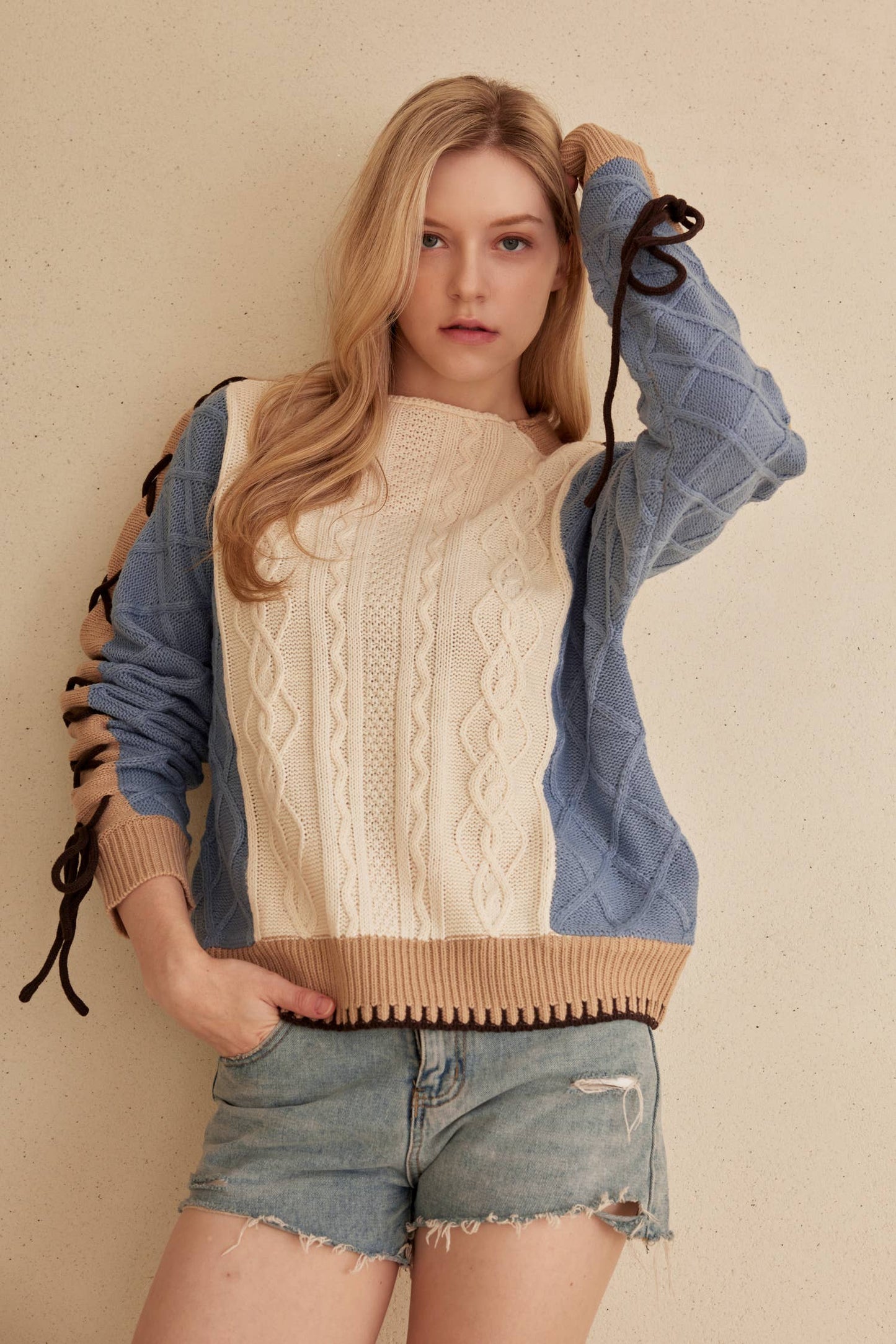 Color Block Sweater with Laced Sleeves