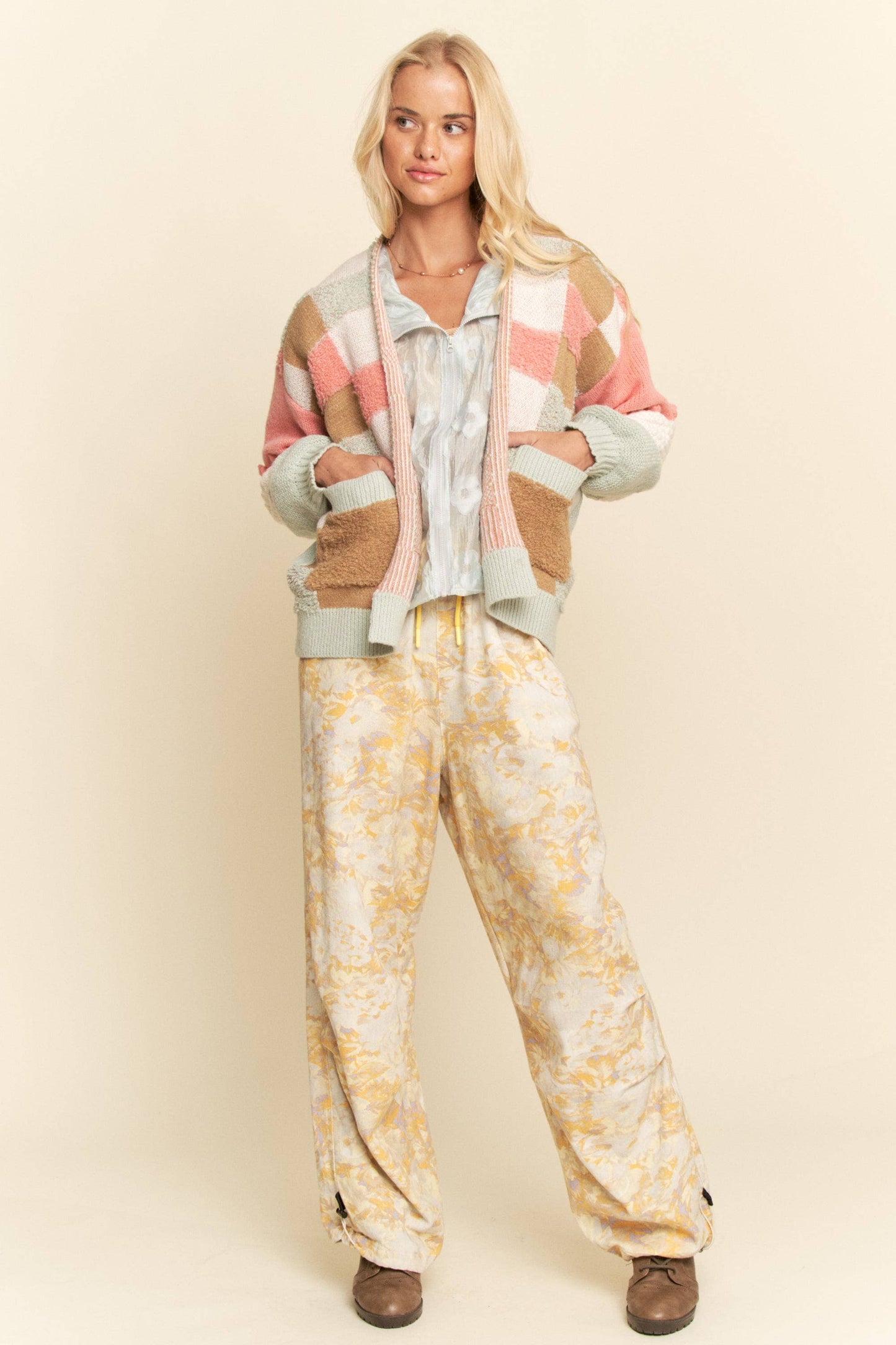 LONG SLEEVE PATCHWORK CARDIGAN FRONT ZIPPER