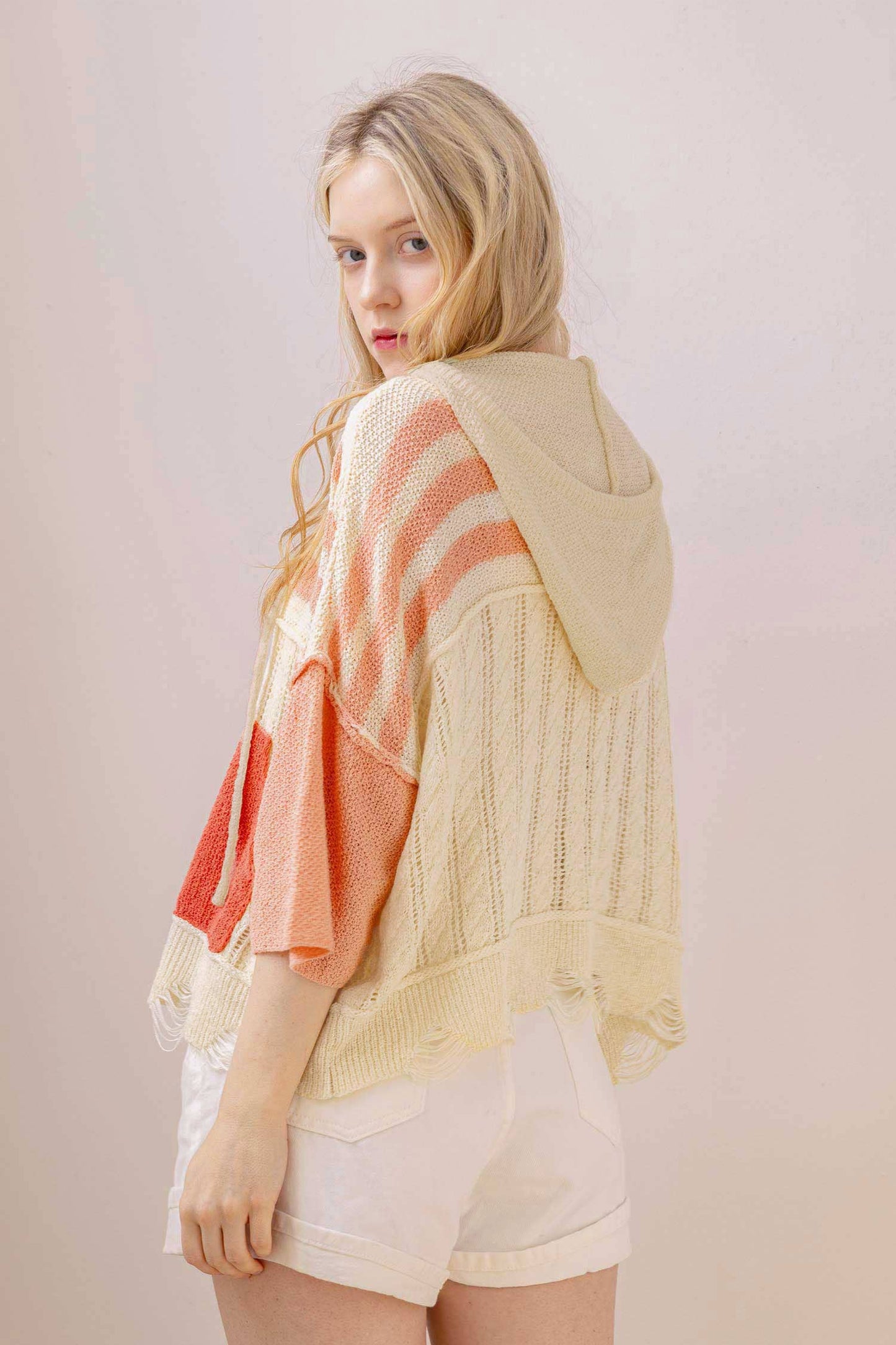Stripe Distressed Knit Hoodie