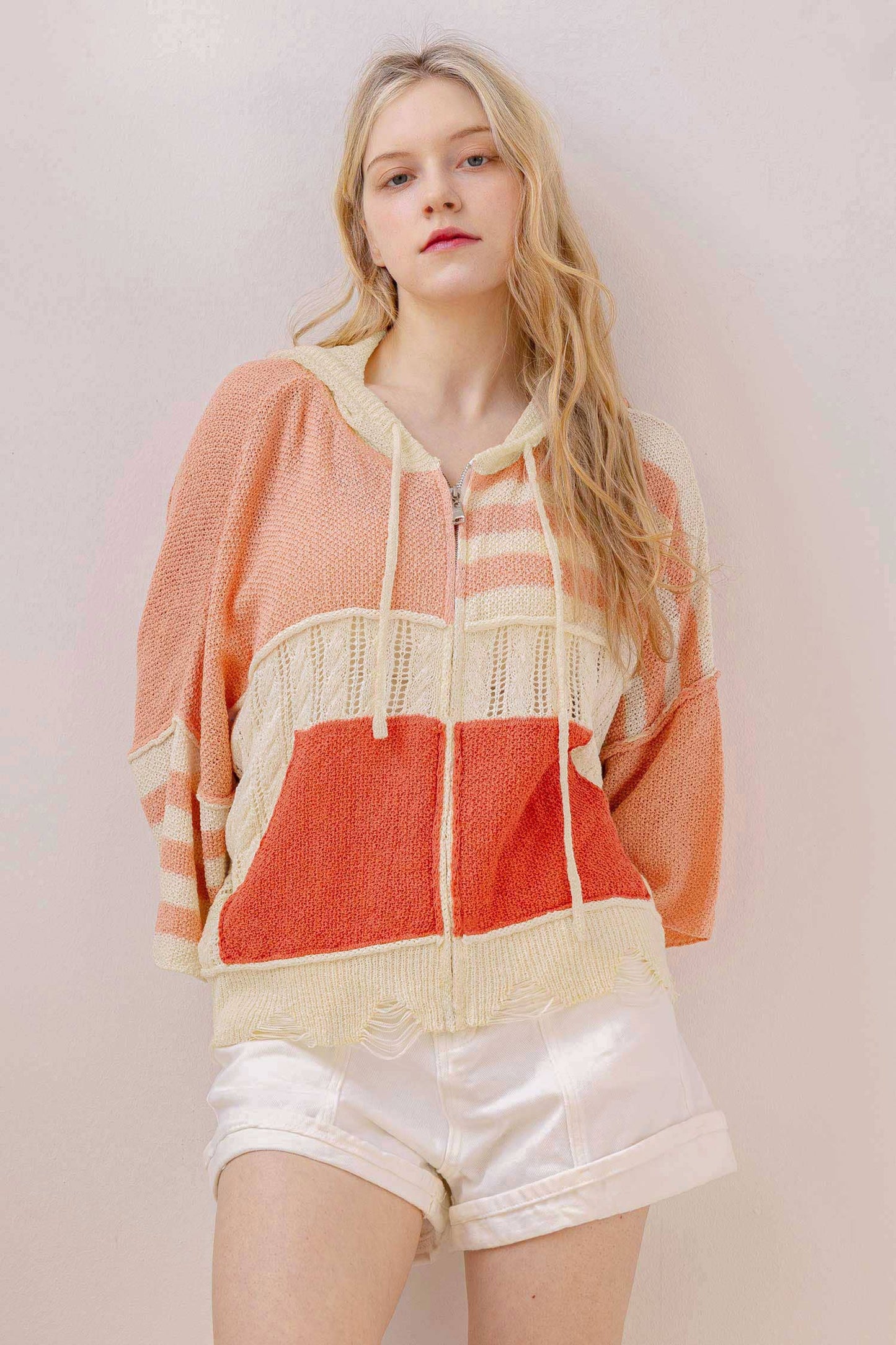Stripe Distressed Knit Hoodie