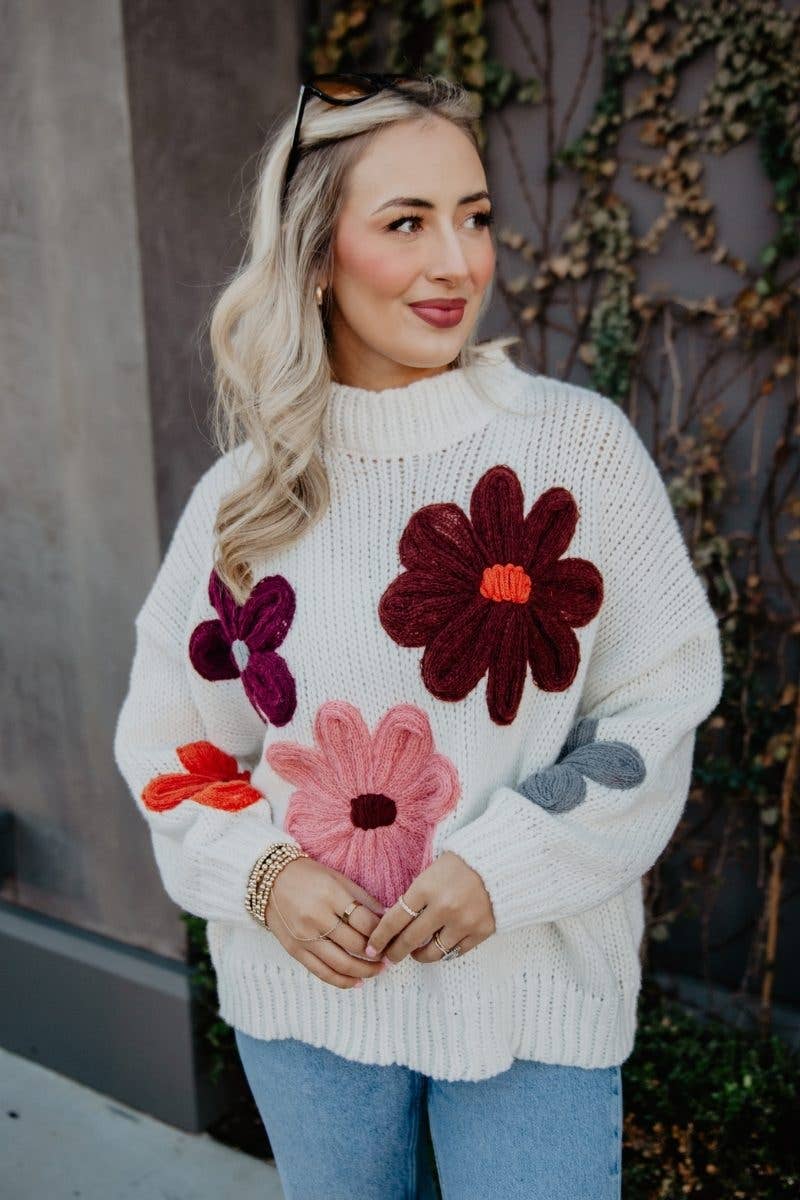 White Floral Wholesale Warm Fall Stitched Sweater