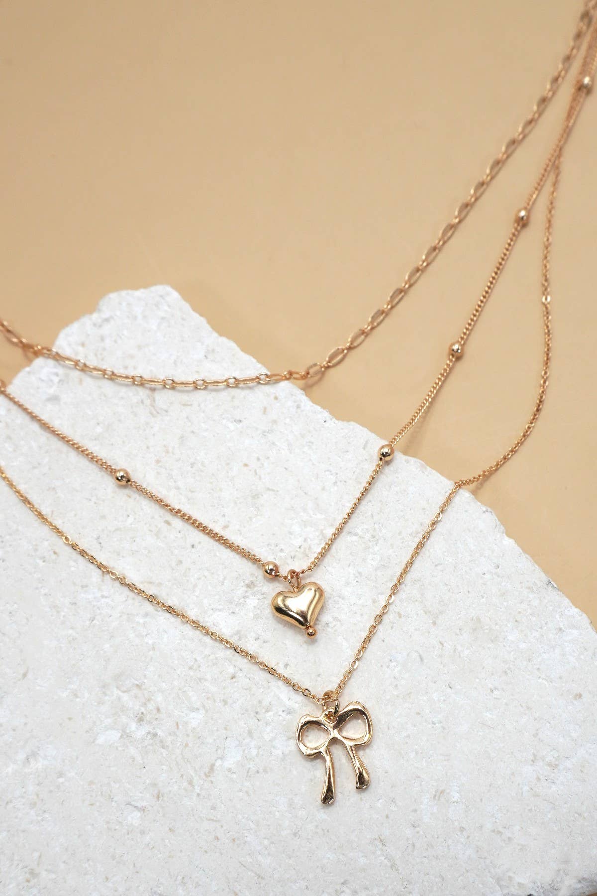 MULTI LAYER BOW HEART CHARM DROP NECKLACE