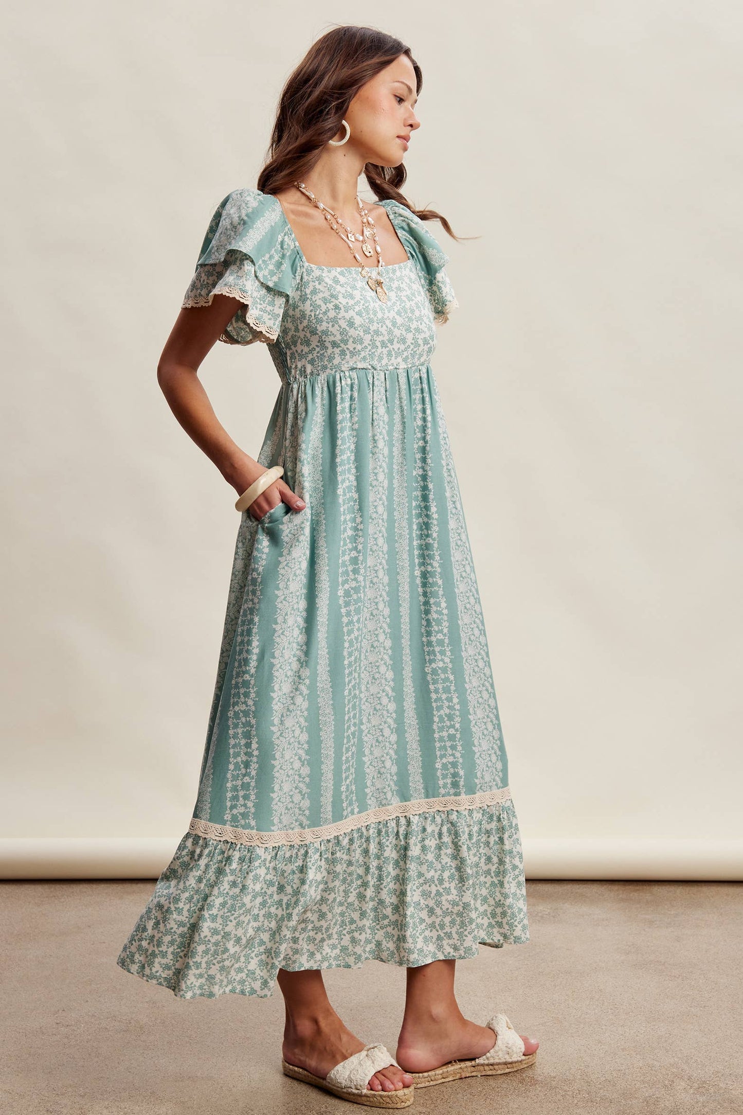 Floral Border Print Flutter Sleeve Maxi Dress