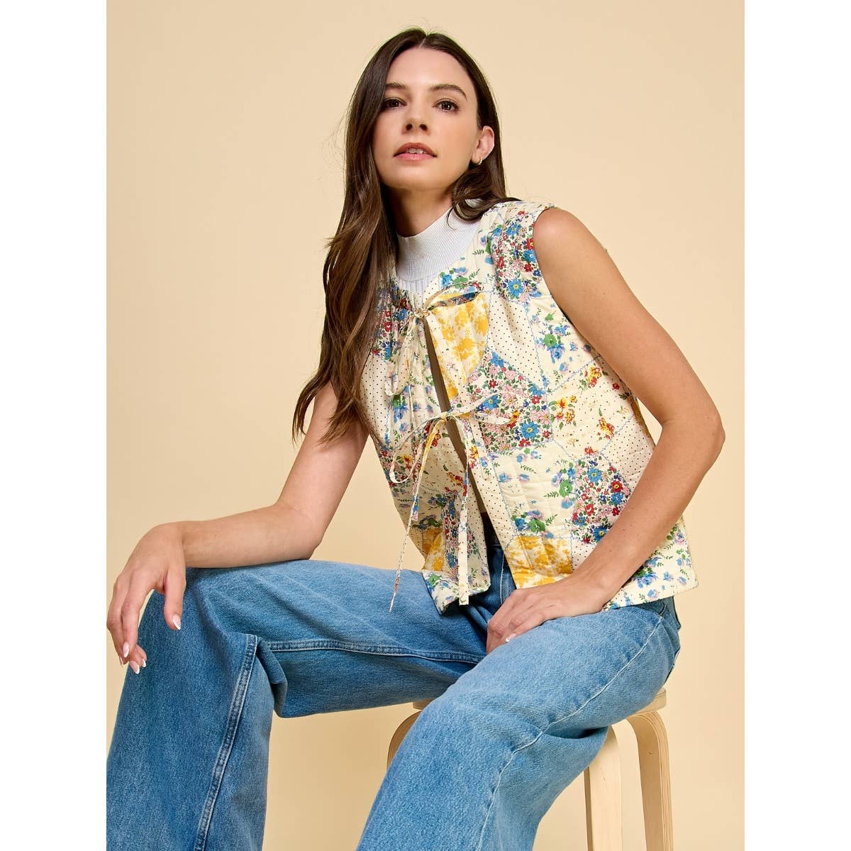 Multi Flower Quilted Vest with Front Ribbon