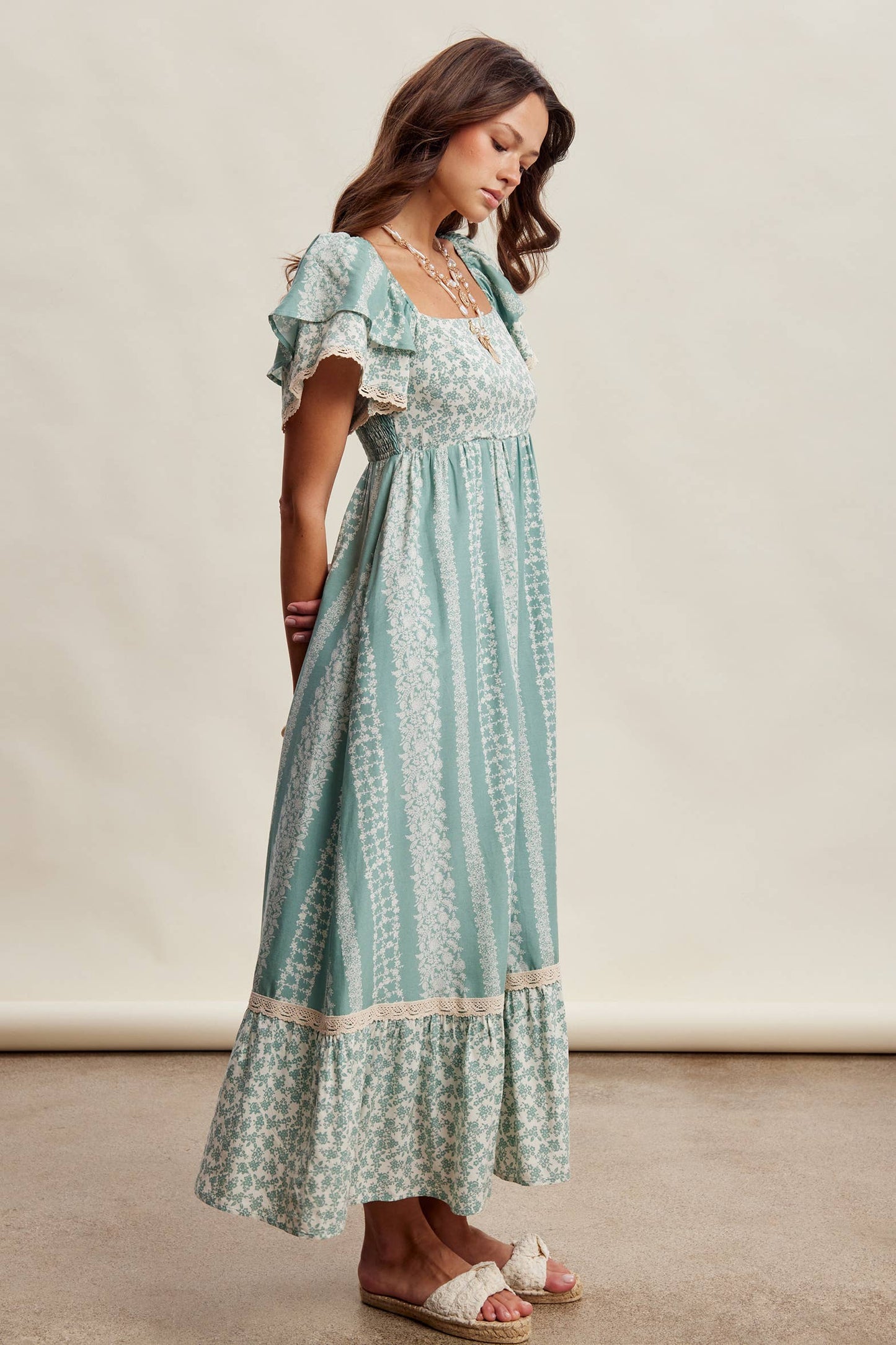 Floral Border Print Flutter Sleeve Maxi Dress