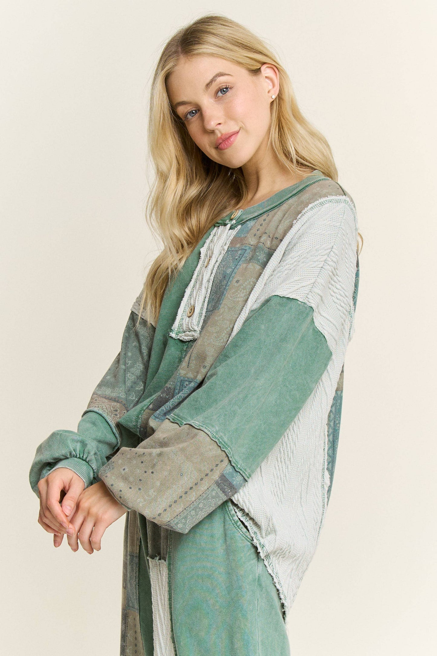 Mineral Washed Bandana Patchwork  Sweater Top