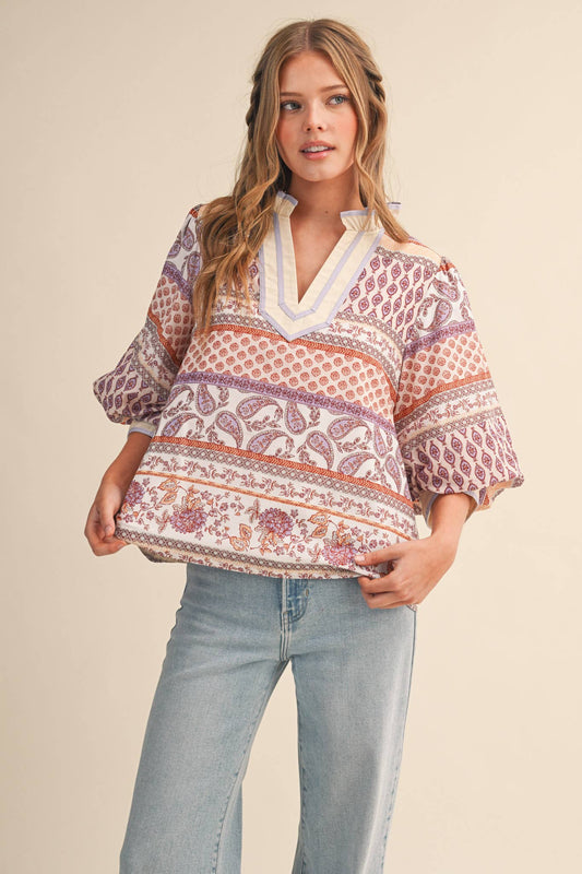 EXCLUSIVE PRINT BUBBLE SLEEVE V NECK TOP