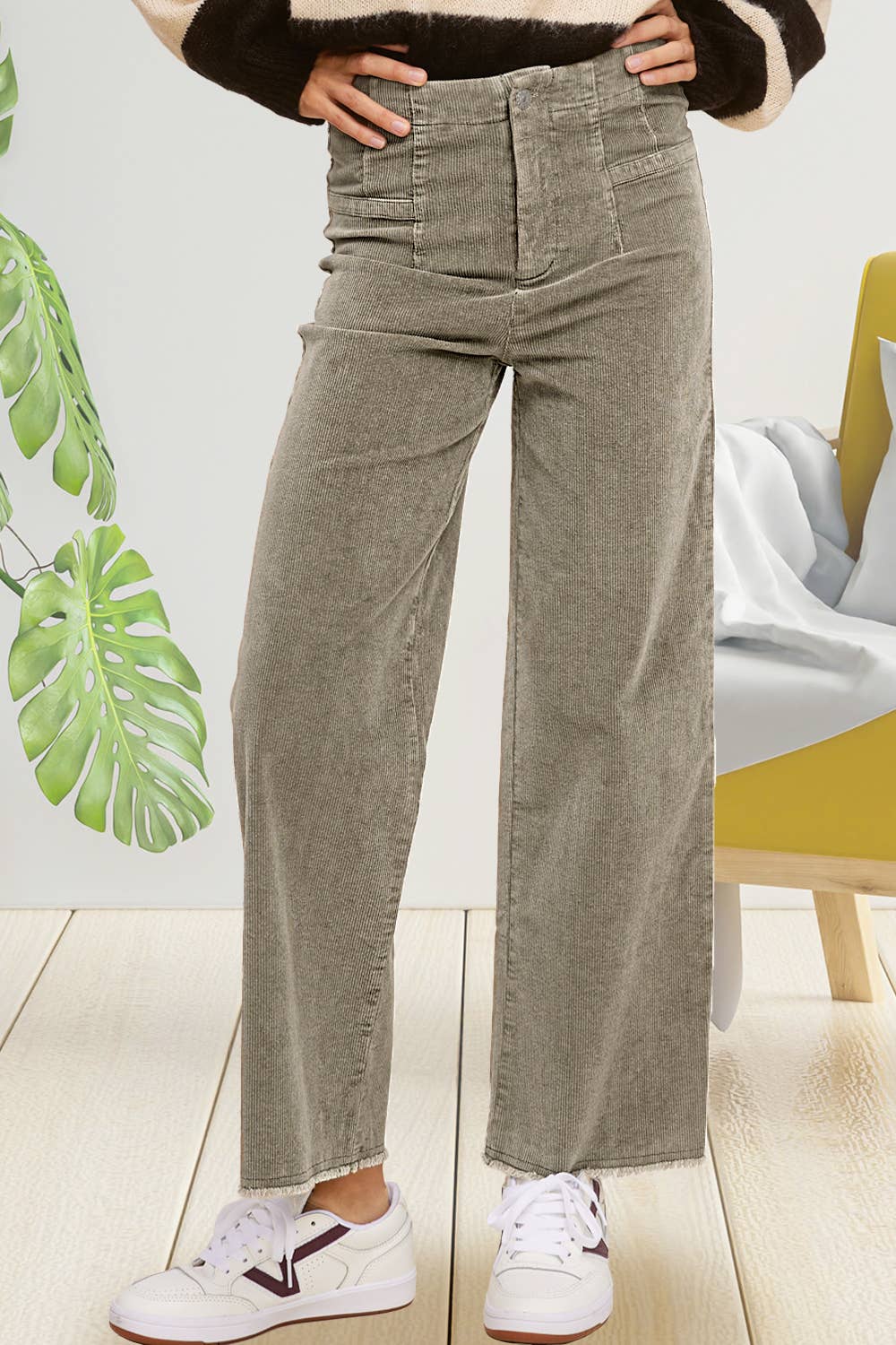 Mineral Washed High Waisted Wide Leg Corduroy Pants