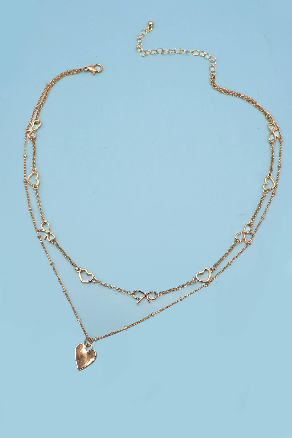 BOW HEART STATION DOUBLE LAYER HEART NECKLACE