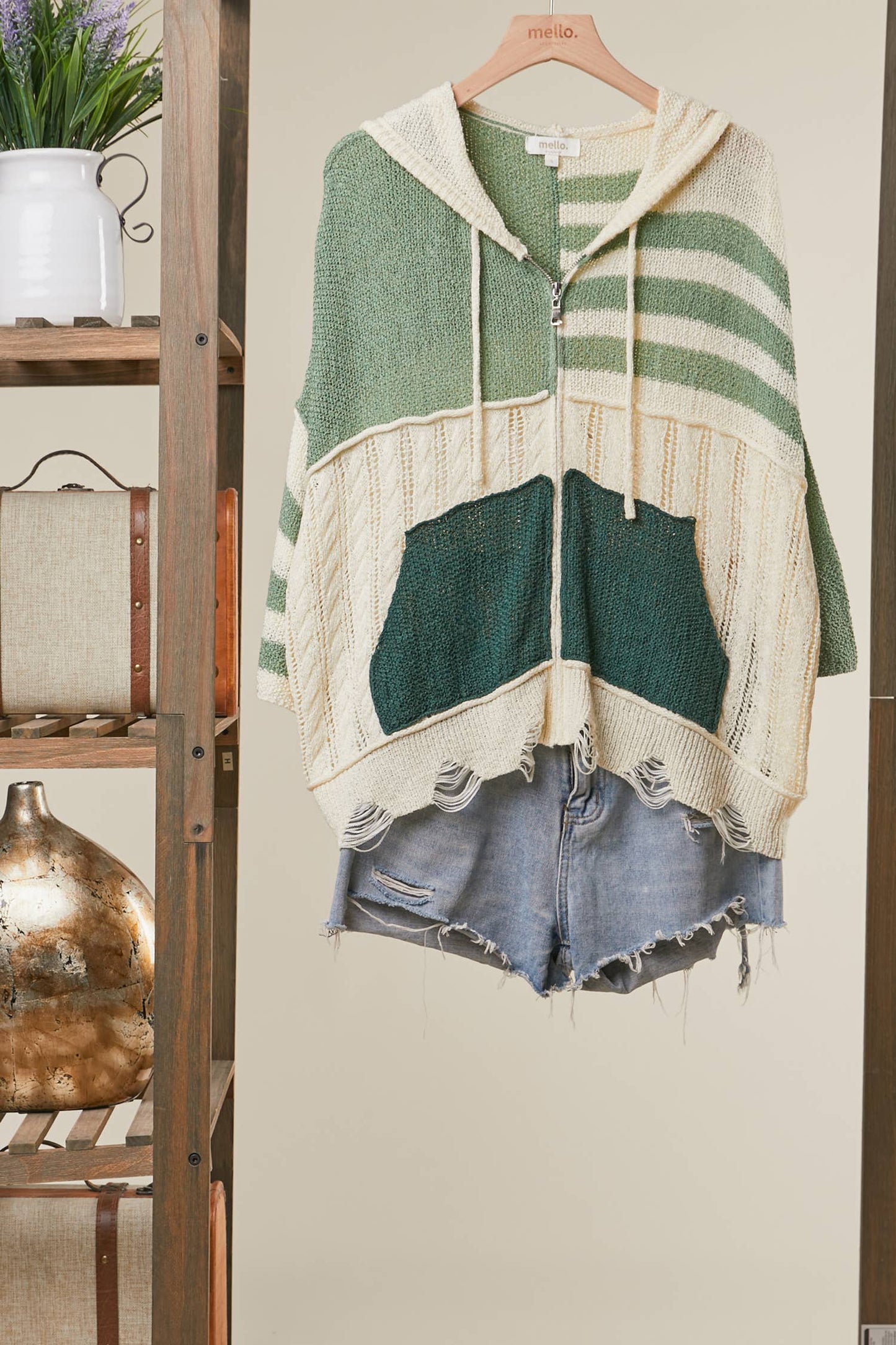 Stripe Distressed Knit Hoodie