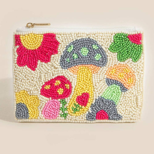 Mushroom And Flowers Seed Beaded Coin Purse