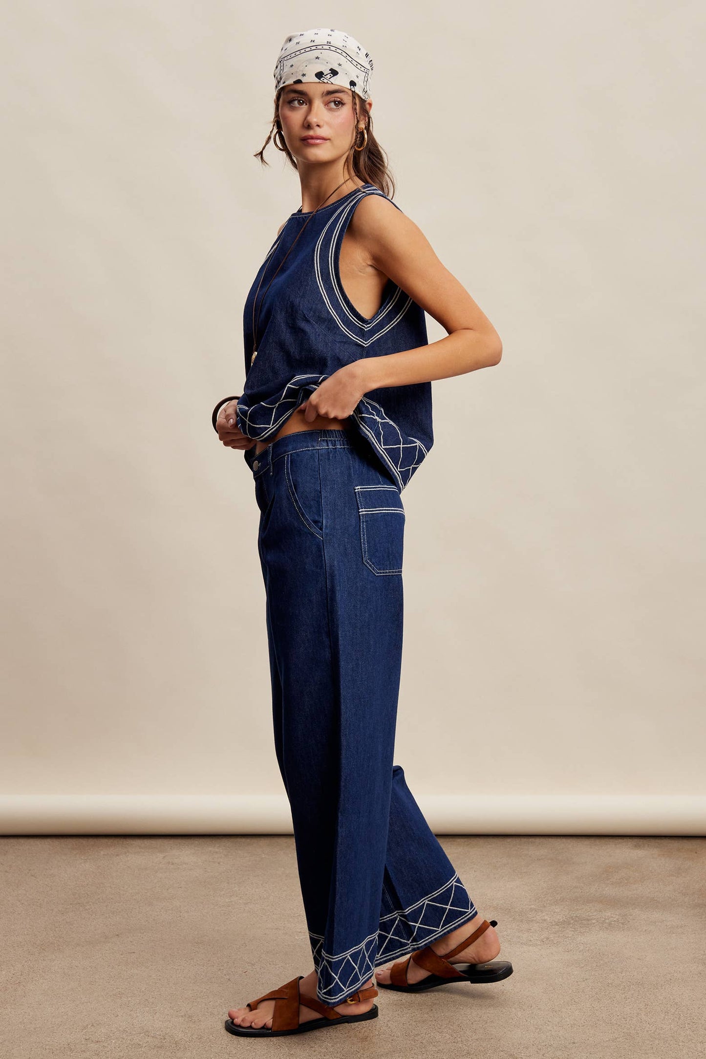 Embroidered Denim Tank & Wide-Leg Pants Set