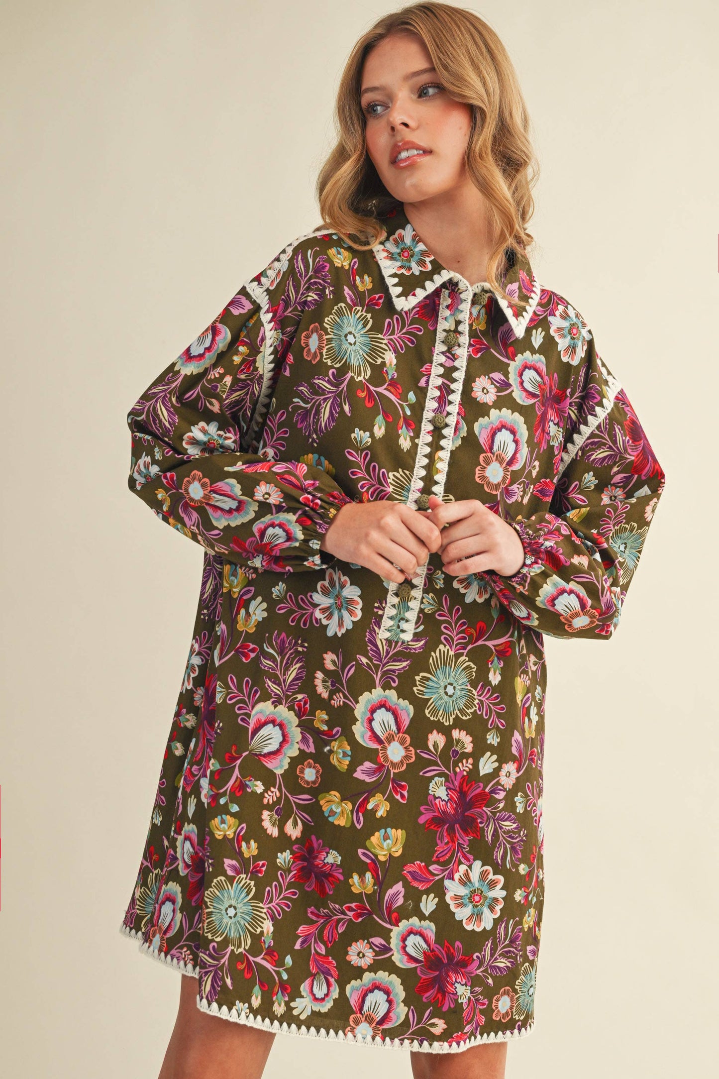 EXCLUSIVE PRINT BLANKET STITCH BUTTONED MINI DRESS
