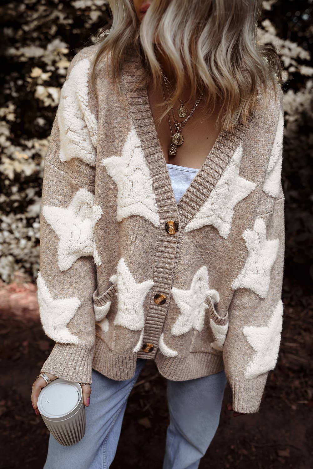 Star Pattern * Pockets Long Sleeve Knit Cardigan