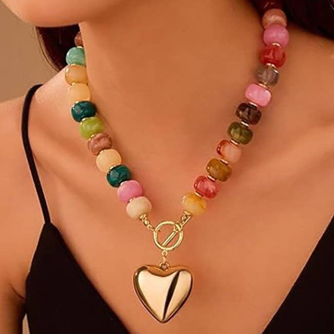 MULTI BEADED HEART CHARM  NECKLACE