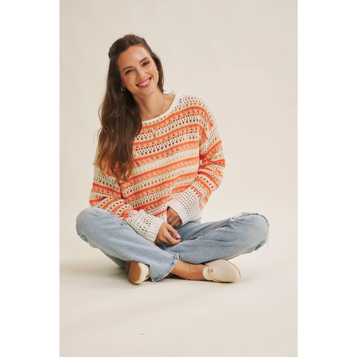 MULTI STRIPE GREEN CROCHET SWEATER TOP