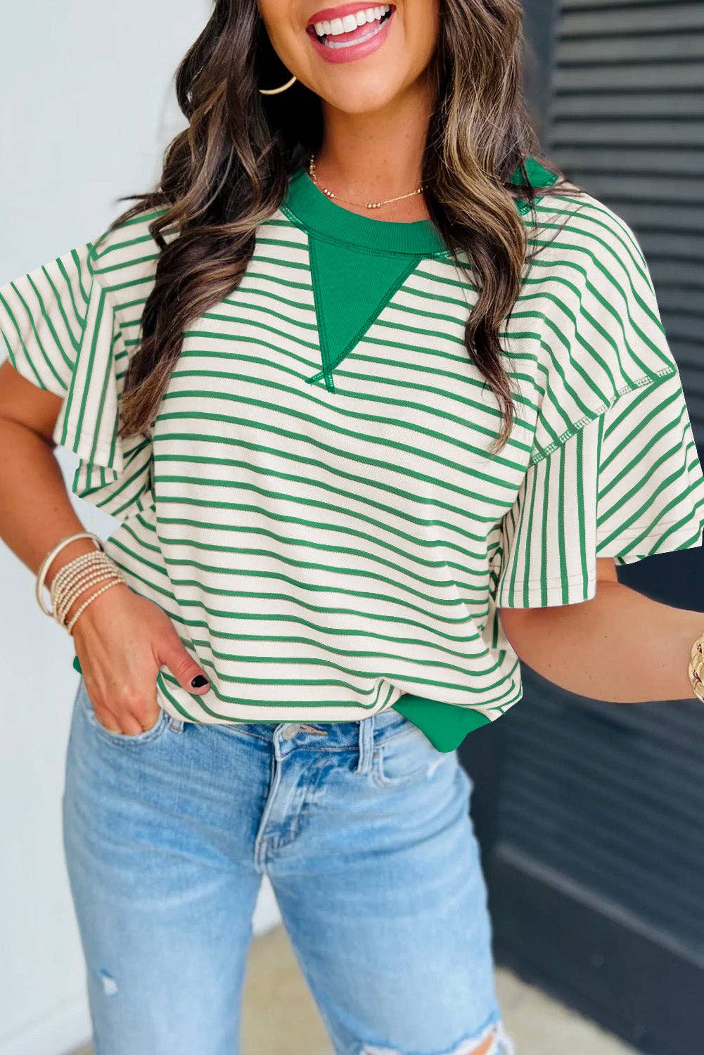 Bright Green Striped Ruffle Short Sleeve Top