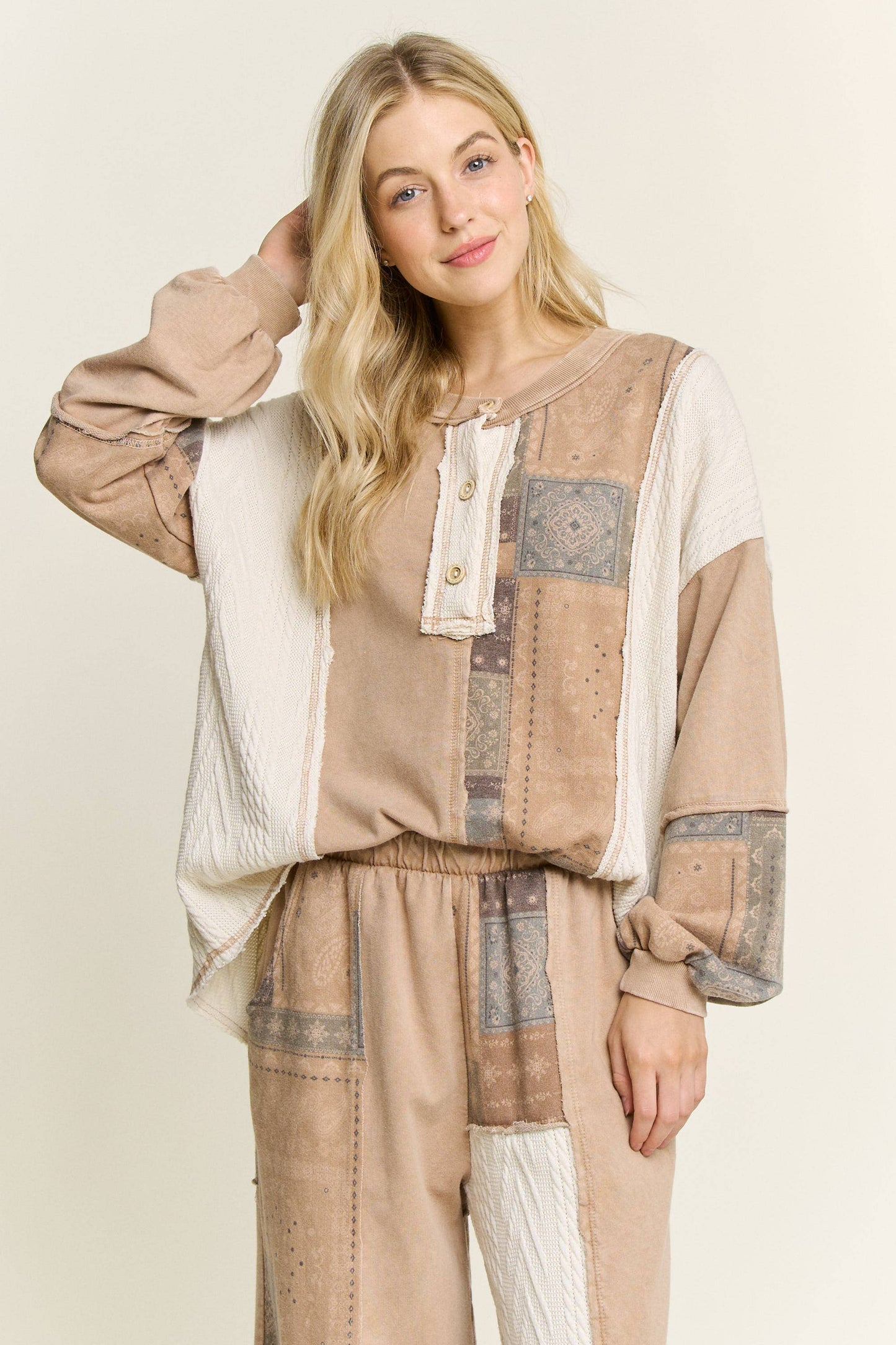 Mineral Washed Bandana Patchwork  Sweater Top