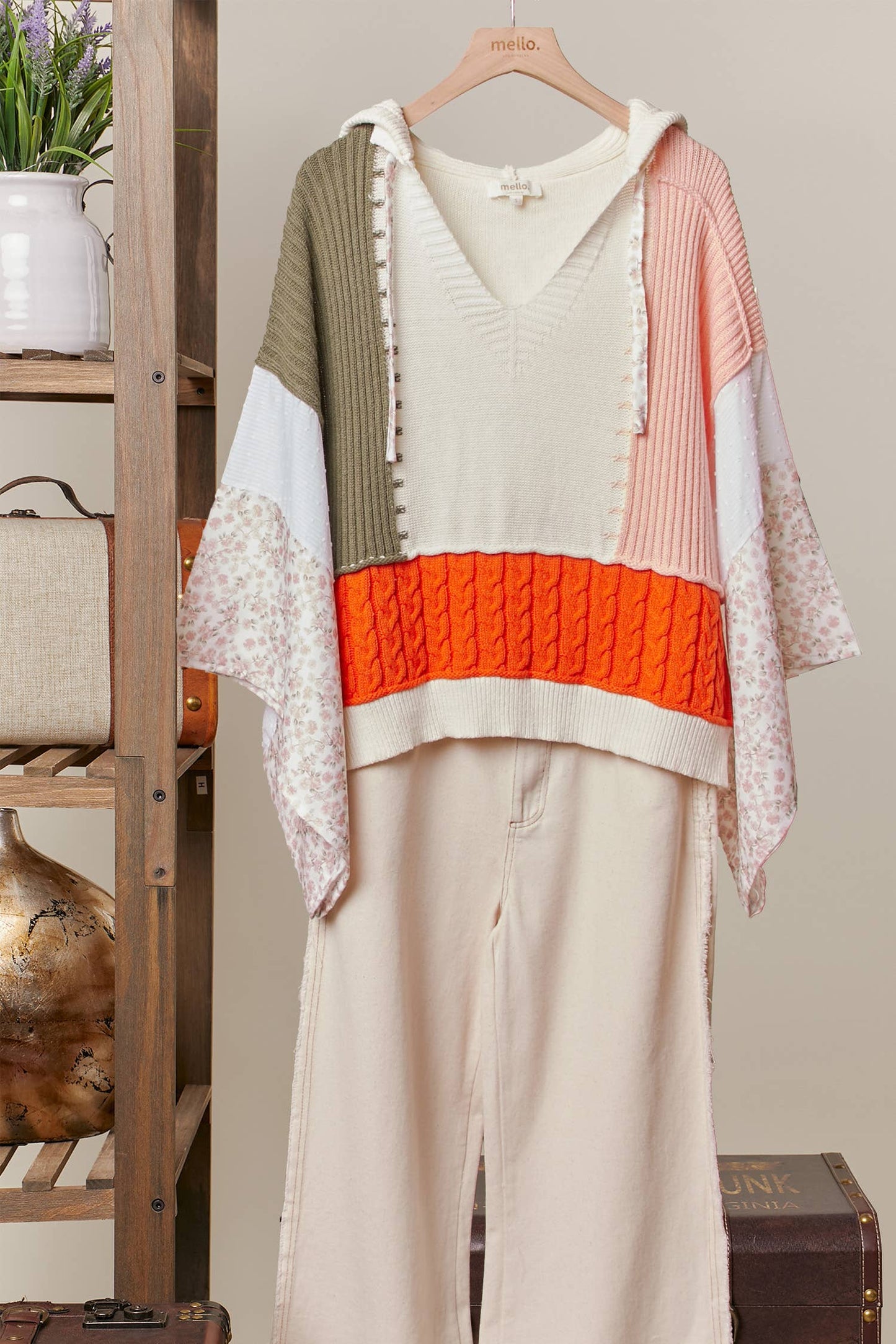 Color Block Crochet V Neck Hoodie