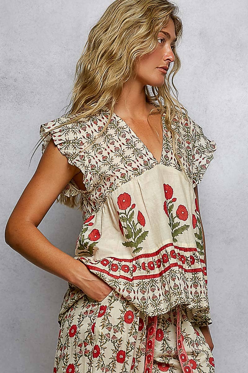 V-Neck Floral Pattern Top