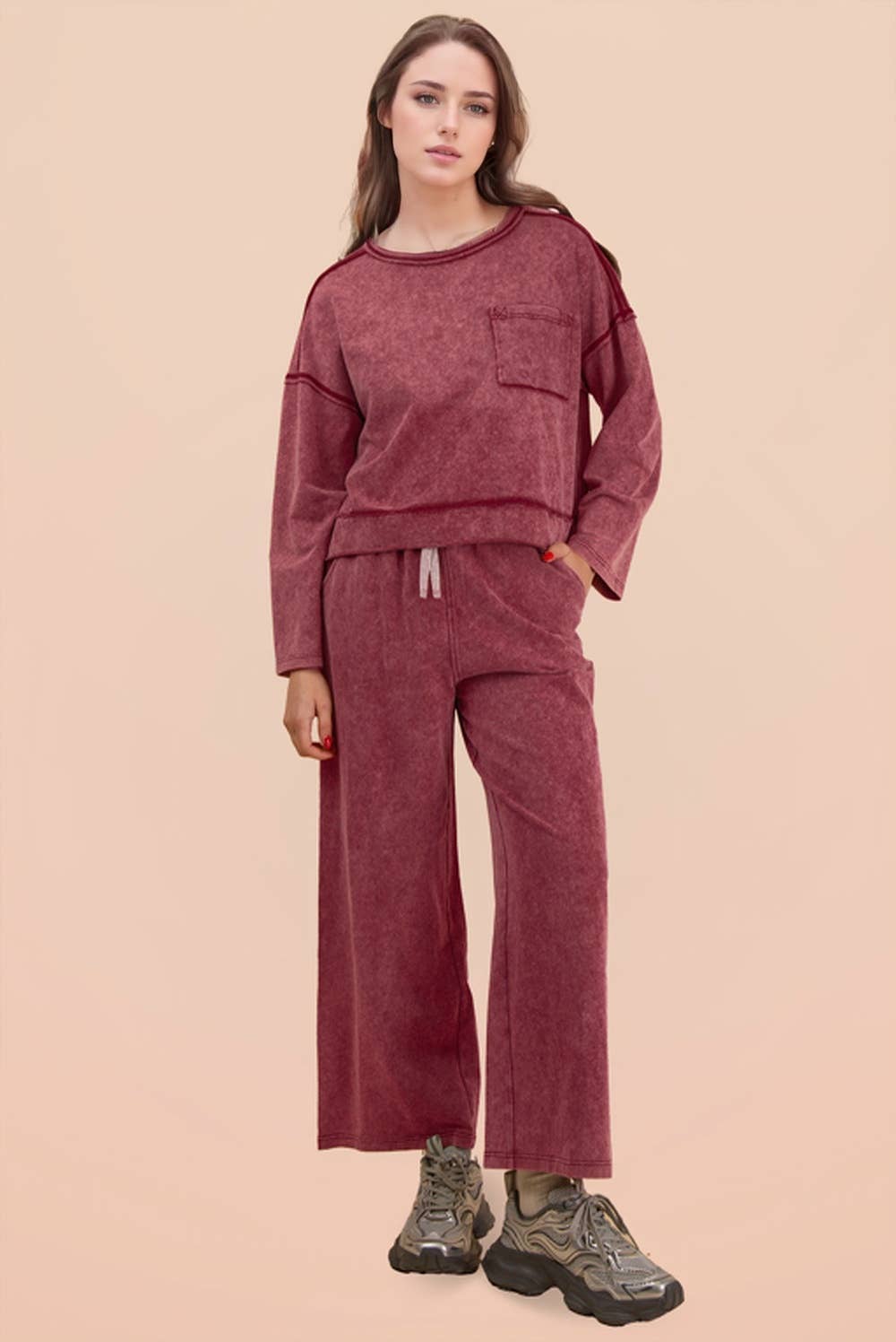Mineral Washed Casual Knit Top & Pants Set