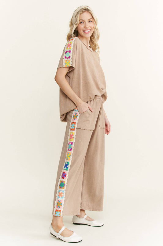 Mineral Washed Crochet Side Trim Top