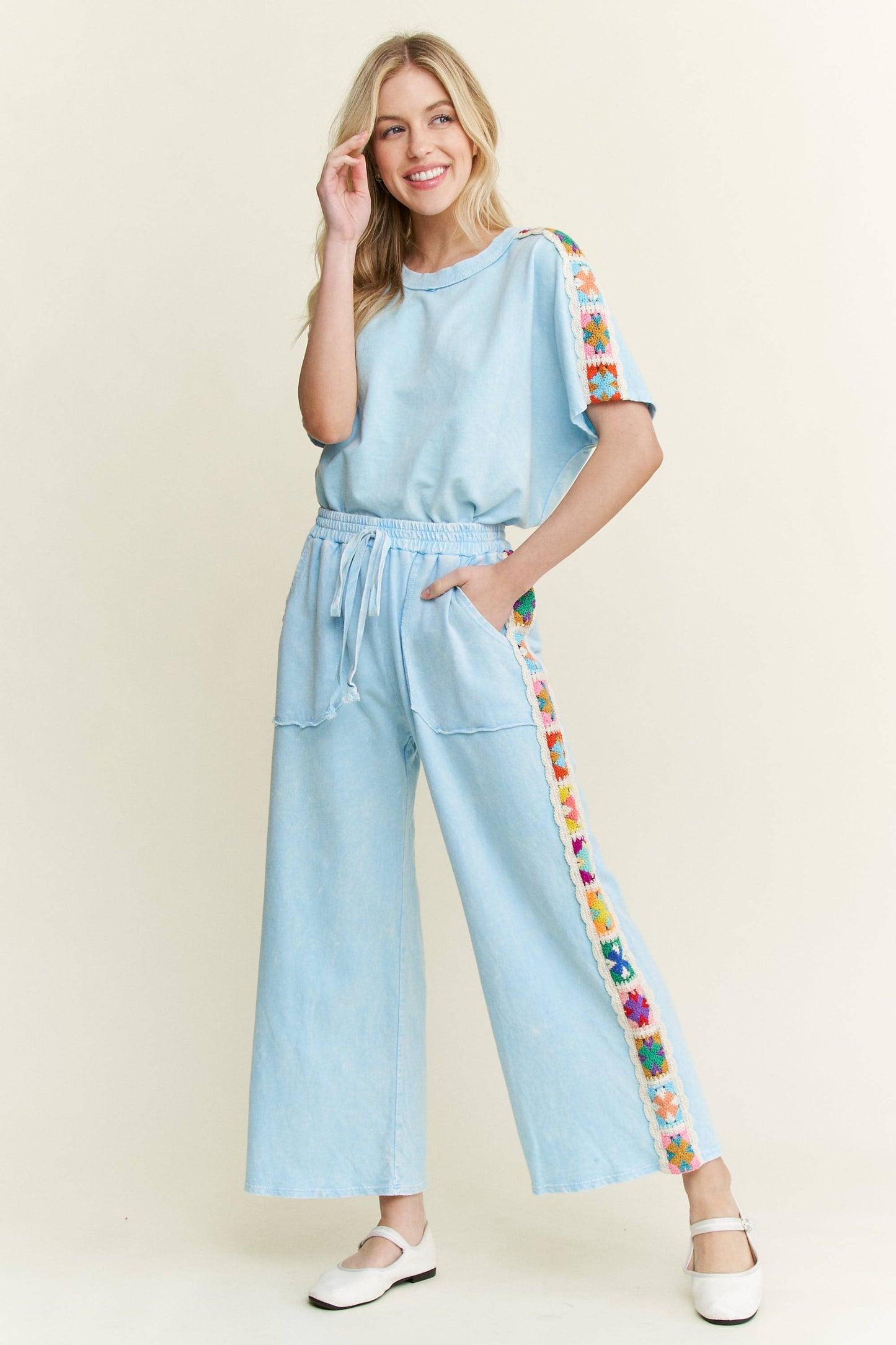 Mineral Washed Crochet Side Trim Top