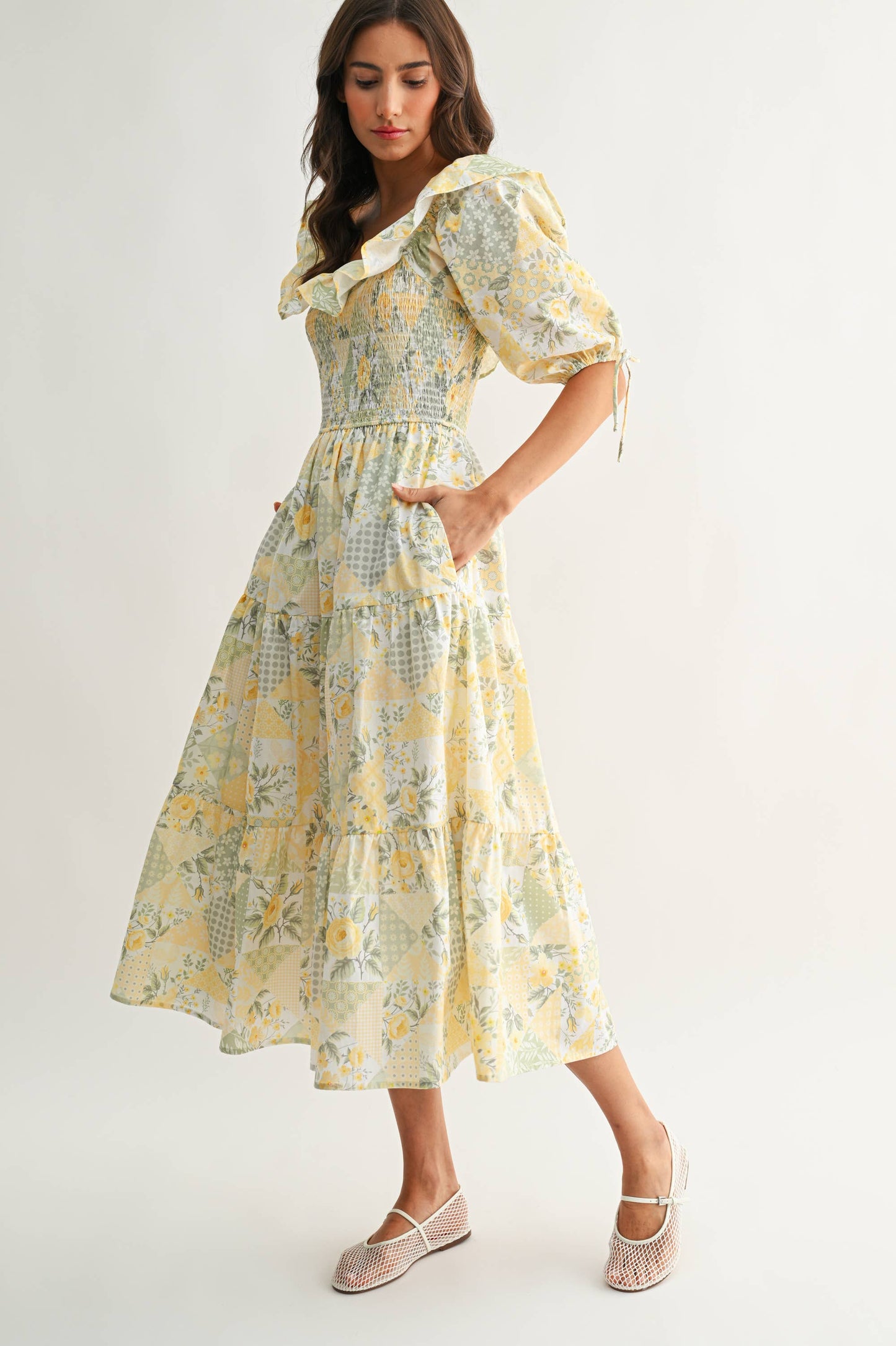 Sunshine Patchwork Smocked Midi Dress
