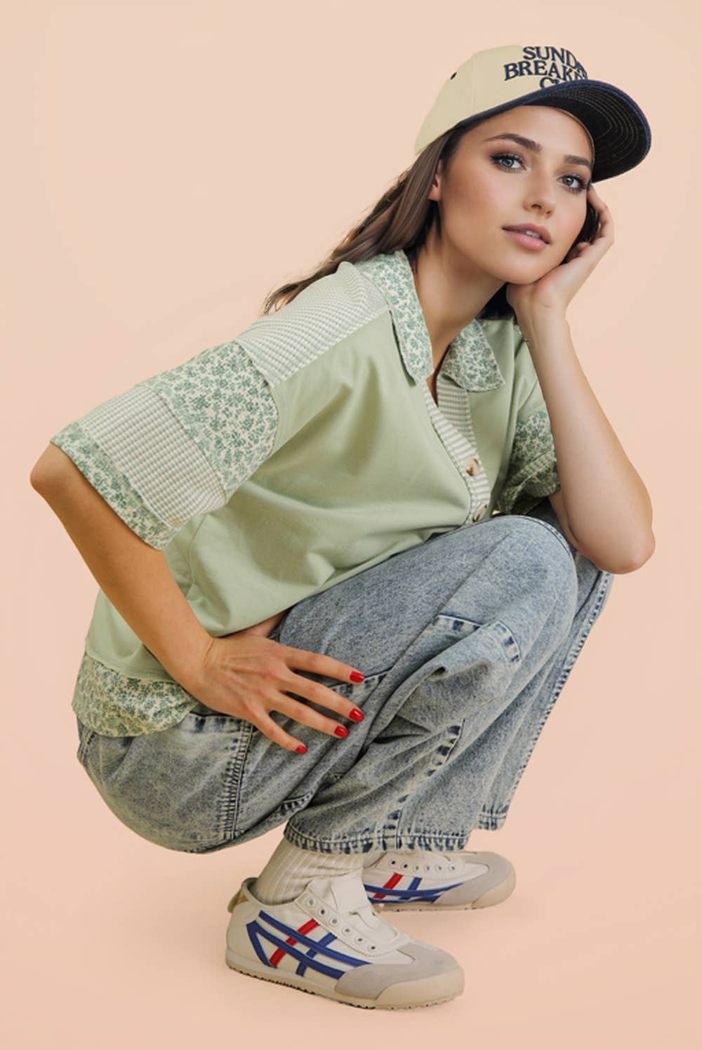 Oversized Half Button Down Collared Knit Top