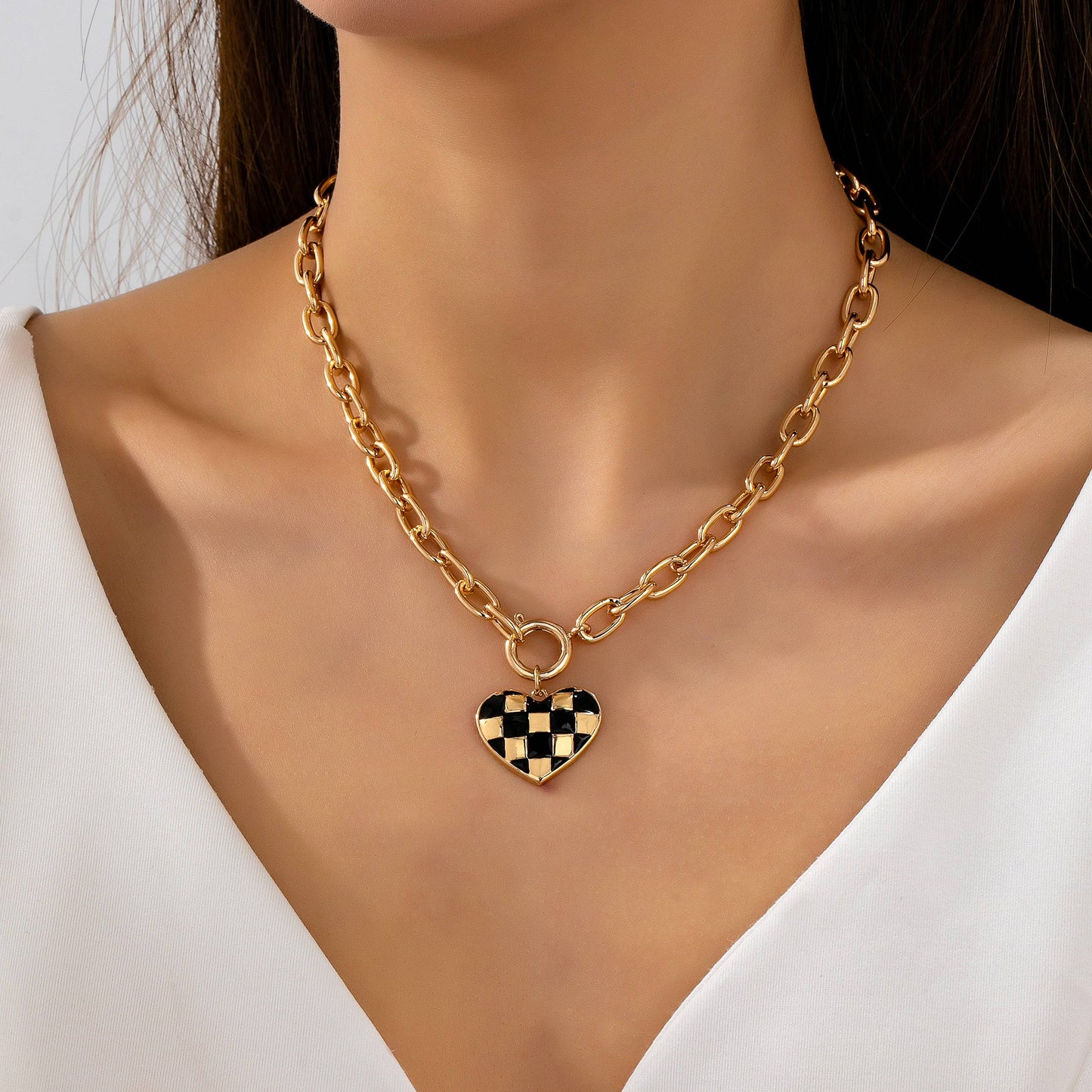 Checkered Heart Toggle Necklace
