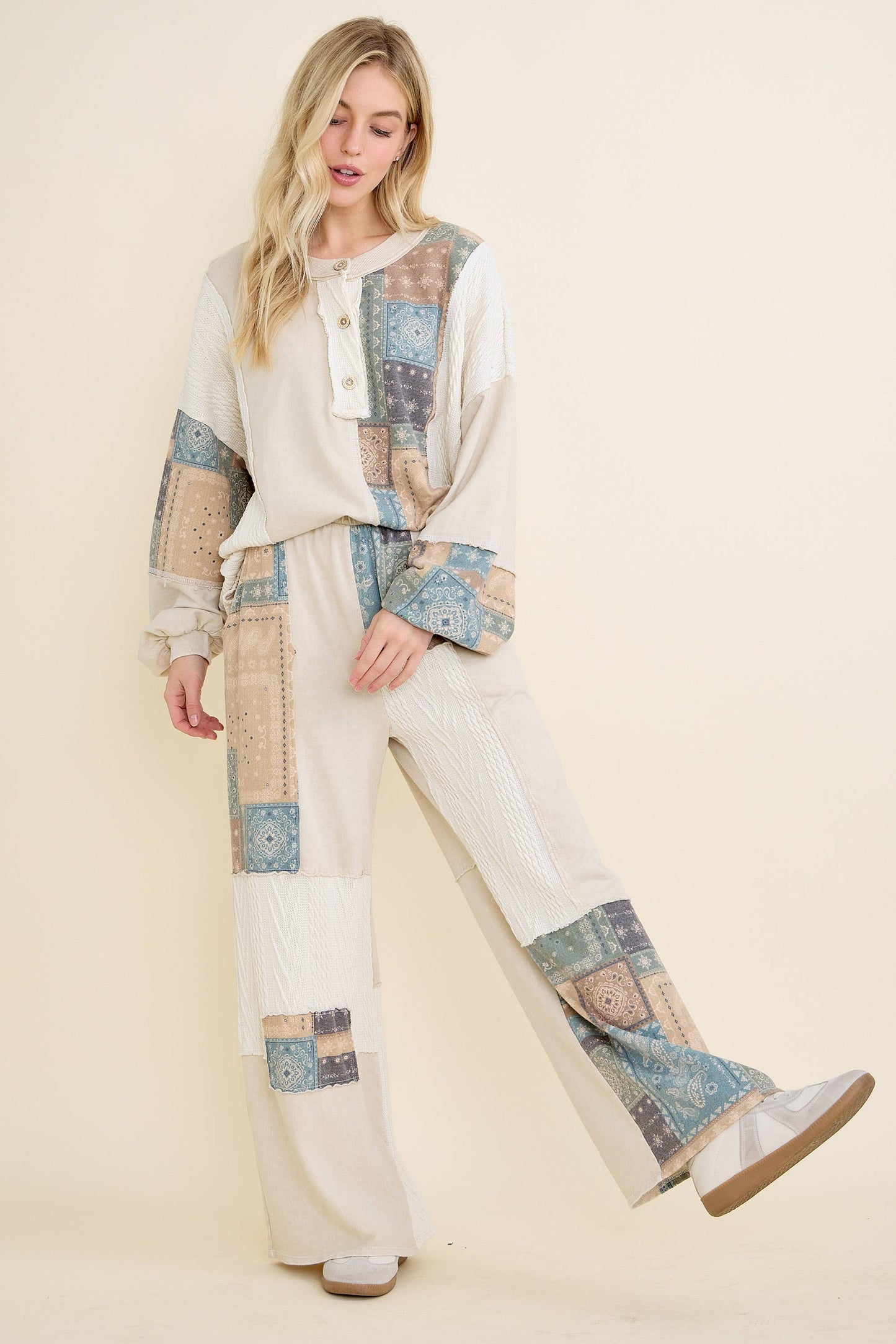 Mineral Washed Bandana Patchwork  Sweater Top