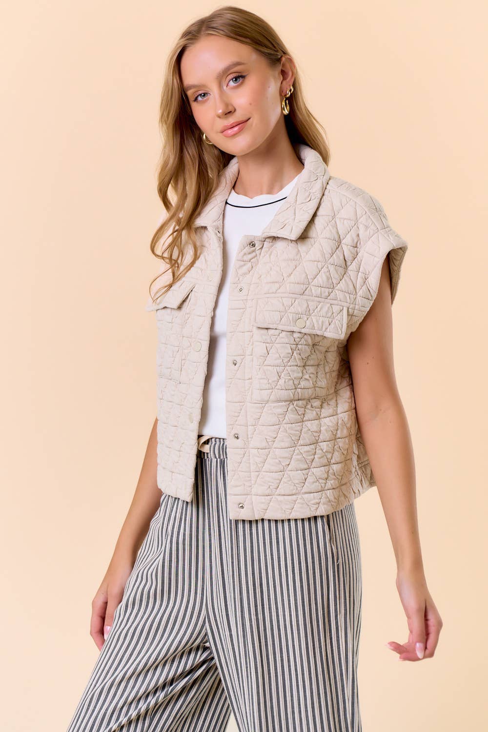 QUILTED POINT COLLAR FLAP PATCHED POCKET VEST