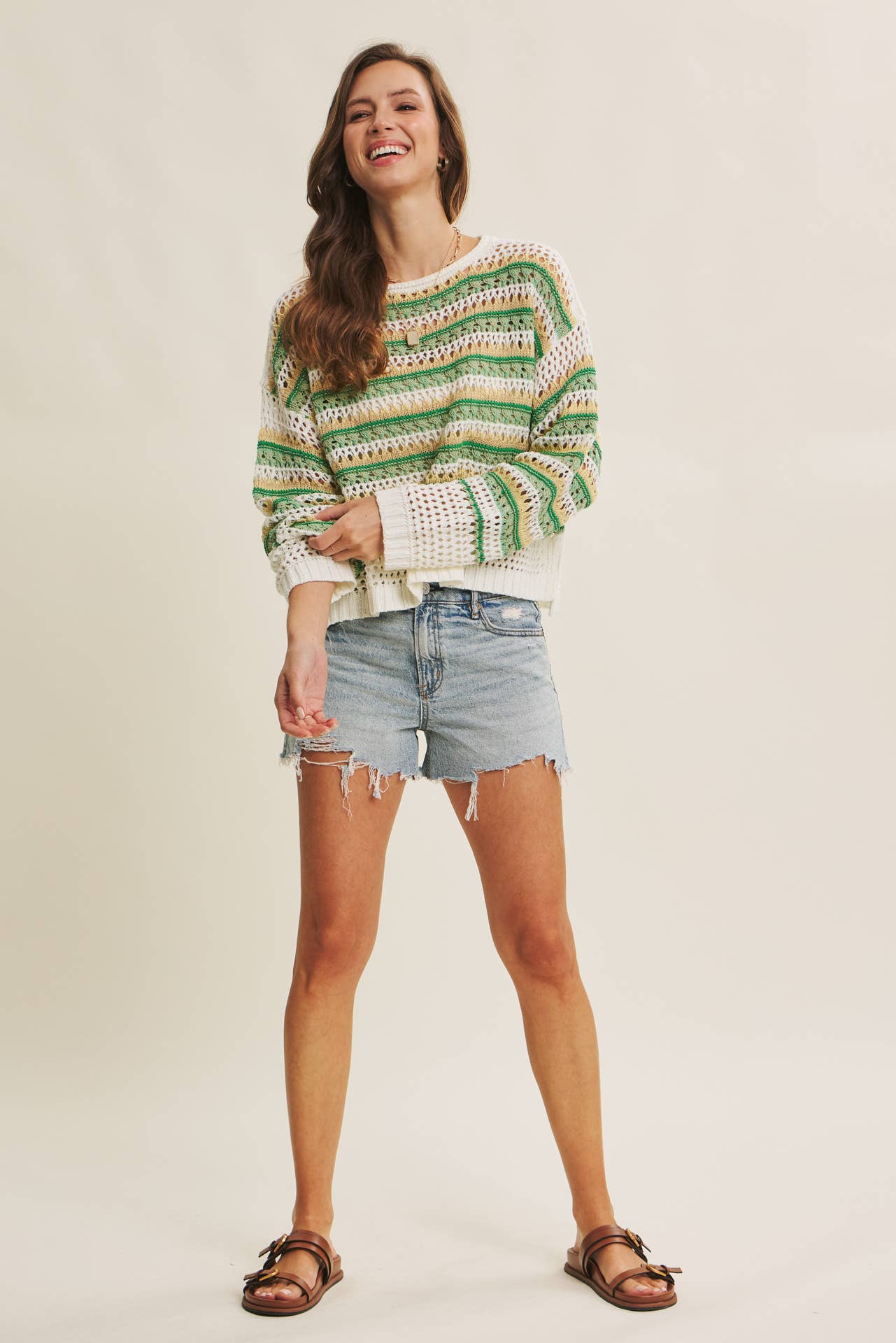 MULTI STRIPE GREEN CROCHET SWEATER TOP