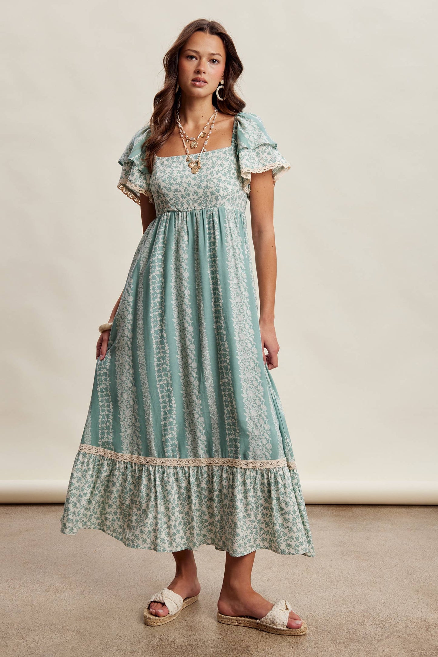 Floral Border Print Flutter Sleeve Maxi Dress
