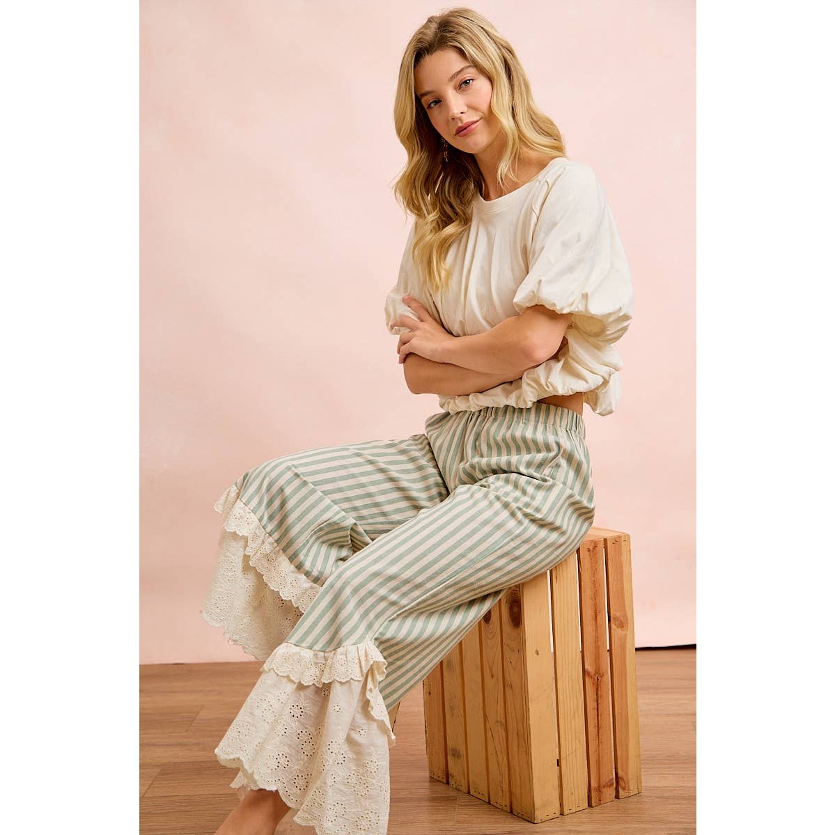 STRIPE WOVEN RUFFLED LACE HEM PANTS WITH SIDE POCKET