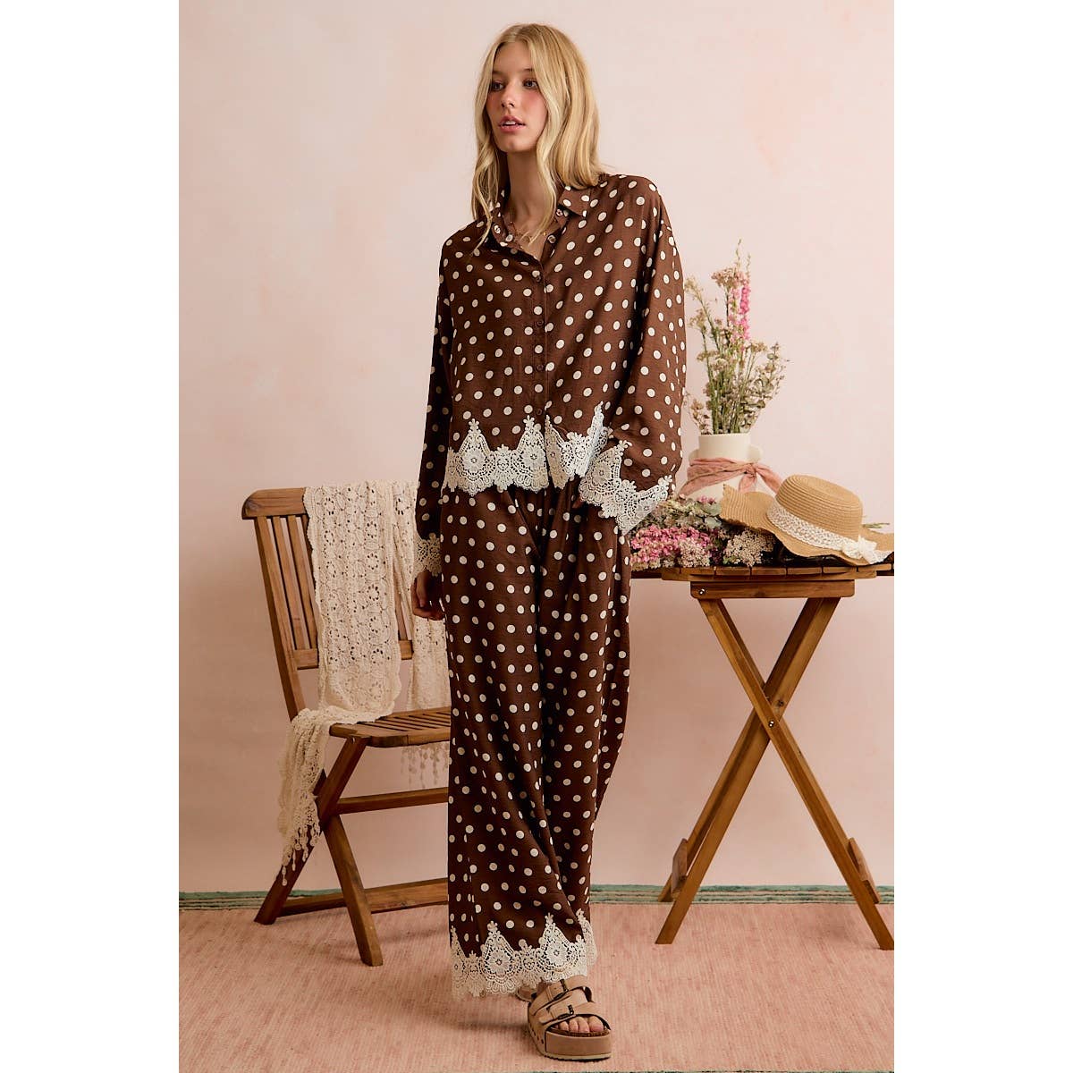 POLKA DOT WOVEN CROCHET LACE PANTS SET