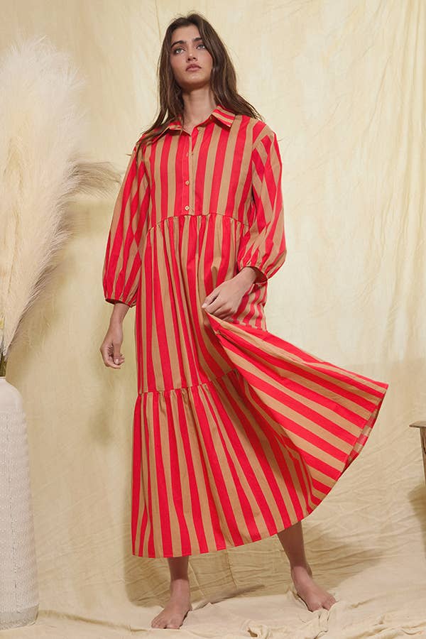 Striped Print Tiered Midi Shirt Dress